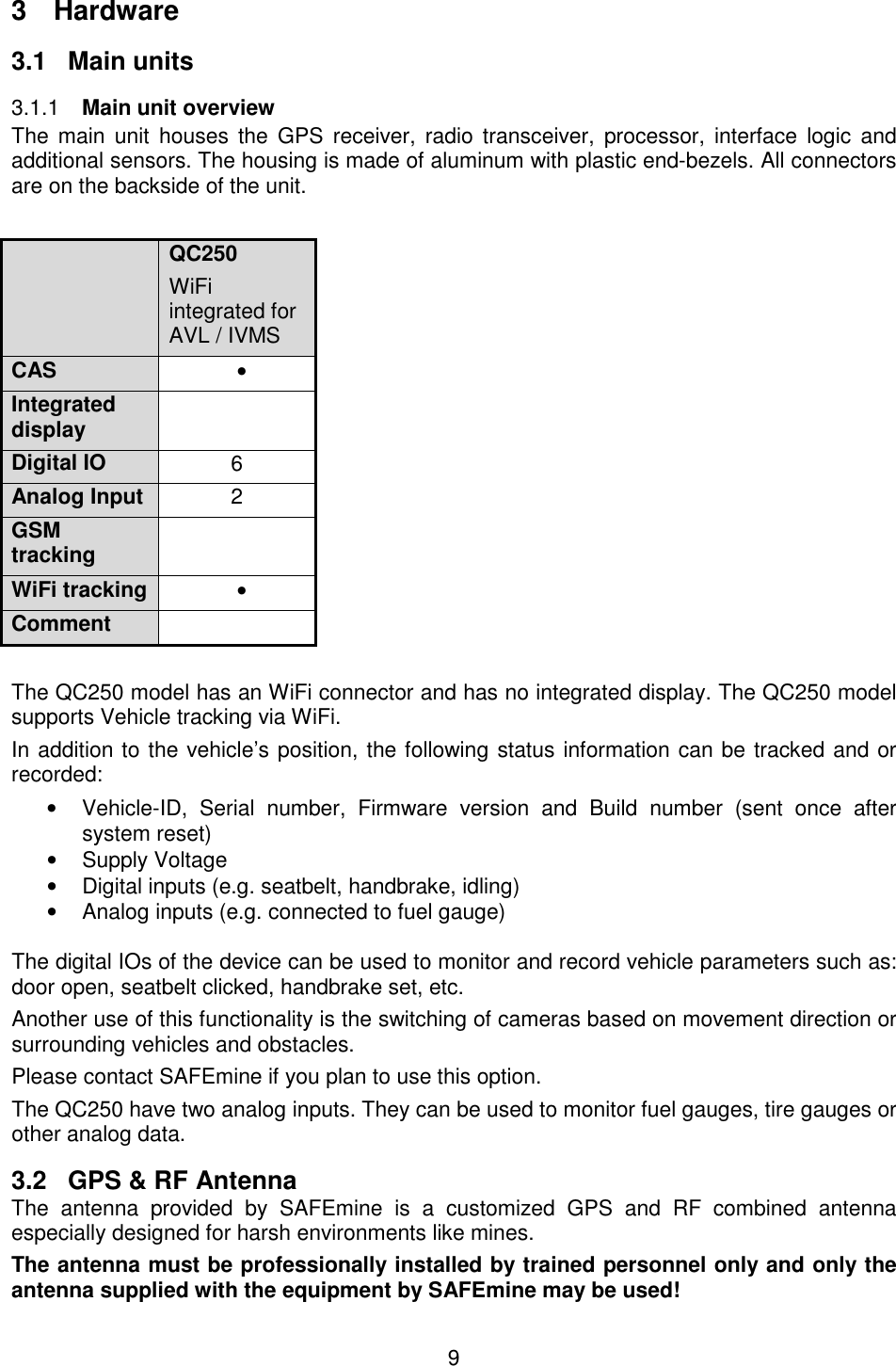 9  3  Hardware 3.1  Main units  Main unit overview 3.1.1The  main  unit  houses the  GPS  receiver,  radio transceiver,  processor,  interface  logic  and additional sensors. The housing is made of aluminum with plastic end-bezels. All connectors are on the backside of the unit.   QC250 WiFi integrated for AVL / IVMS CAS •   Integrated display   Digital IO 6 Analog Input 2 GSM tracking   WiFi tracking •   Comment   The QC250 model has an WiFi connector and has no integrated display. The QC250 model supports Vehicle tracking via WiFi. In addition to the vehicle’s position, the following status information can be tracked and or recorded: •  Vehicle-ID,  Serial  number,  Firmware  version  and  Build  number  (sent  once  after system reset) •  Supply Voltage •  Digital inputs (e.g. seatbelt, handbrake, idling) •  Analog inputs (e.g. connected to fuel gauge)  The digital IOs of the device can be used to monitor and record vehicle parameters such as: door open, seatbelt clicked, handbrake set, etc. Another use of this functionality is the switching of cameras based on movement direction or surrounding vehicles and obstacles. Please contact SAFEmine if you plan to use this option. The QC250 have two analog inputs. They can be used to monitor fuel gauges, tire gauges or other analog data. 3.2  GPS &amp; RF Antenna The  antenna  provided  by  SAFEmine  is  a  customized  GPS  and  RF  combined  antenna especially designed for harsh environments like mines. The antenna must be professionally installed by trained personnel only and only the antenna supplied with the equipment by SAFEmine may be used! 