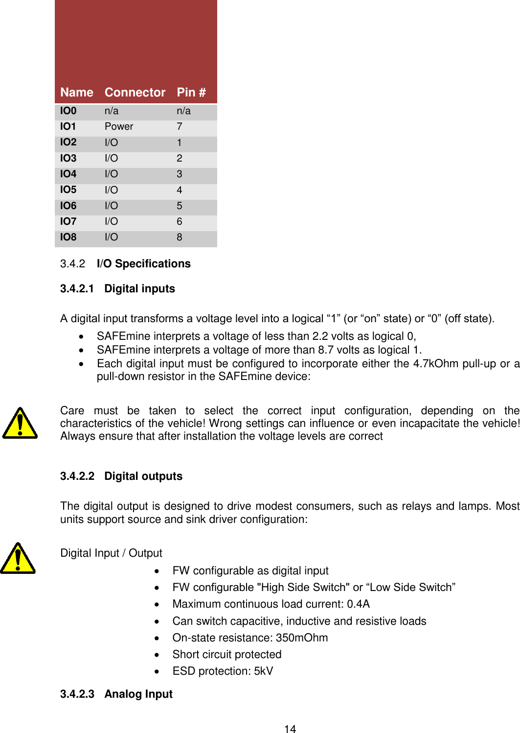 14  Name Connector Pin # IO0 n/a n/a IO1 Power 7 IO2 I/O 1 IO3 I/O 2 IO4 I/O 3 IO5 I/O 4 IO6 I/O 5 IO7 I/O 6 IO8 I/O 8  I/O Specifications 3.4.23.4.2.1  Digital inputs   A digital input transforms a voltage level into a logical “1” (or “on” state) or “0” (off state).    SAFEmine interprets a voltage of less than 2.2 volts as logical 0,    SAFEmine interprets a voltage of more than 8.7 volts as logical 1.    Each digital input must be configured to incorporate either the 4.7kOhm pull-up or a pull-down resistor in the SAFEmine device:   Care  must  be  taken  to  select  the  correct  input  configuration,  depending  on  the characteristics of the vehicle! Wrong settings can influence or even incapacitate the vehicle! Always ensure that after installation the voltage levels are correct  3.4.2.2  Digital outputs  The digital output is designed to drive modest consumers, such as relays and lamps. Most units support source and sink driver configuration:  Digital Input / Output    FW configurable as digital input  FW configurable &quot;High Side Switch&quot; or “Low Side Switch”   Maximum continuous load current: 0.4A   Can switch capacitive, inductive and resistive loads  On-state resistance: 350mOhm   Short circuit protected   ESD protection: 5kV 3.4.2.3  Analog Input 