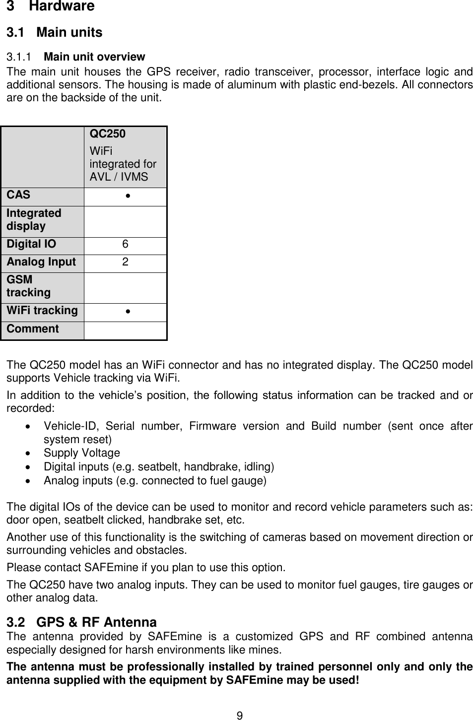 9  3  Hardware 3.1  Main units  Main unit overview 3.1.1The  main  unit  houses  the  GPS  receiver, radio  transceiver,  processor,  interface logic  and additional sensors. The housing is made of aluminum with plastic end-bezels. All connectors are on the backside of the unit.   QC250 WiFi integrated for AVL / IVMS CAS    Integrated display  Digital IO 6 Analog Input 2 GSM tracking  WiFi tracking    Comment   The QC250 model has an WiFi connector and has no integrated display. The QC250 model supports Vehicle tracking via WiFi. In addition to  the vehicle’s position,  the following  status information can be tracked and or recorded:   Vehicle-ID,  Serial  number,  Firmware  version  and  Build  number  (sent  once  after system reset)   Supply Voltage   Digital inputs (e.g. seatbelt, handbrake, idling)   Analog inputs (e.g. connected to fuel gauge)  The digital IOs of the device can be used to monitor and record vehicle parameters such as: door open, seatbelt clicked, handbrake set, etc. Another use of this functionality is the switching of cameras based on movement direction or surrounding vehicles and obstacles. Please contact SAFEmine if you plan to use this option. The QC250 have two analog inputs. They can be used to monitor fuel gauges, tire gauges or other analog data. 3.2  GPS &amp; RF Antenna The  antenna  provided  by  SAFEmine  is  a  customized  GPS  and  RF  combined  antenna especially designed for harsh environments like mines. The antenna must be professionally installed by trained personnel only and only the antenna supplied with the equipment by SAFEmine may be used! 