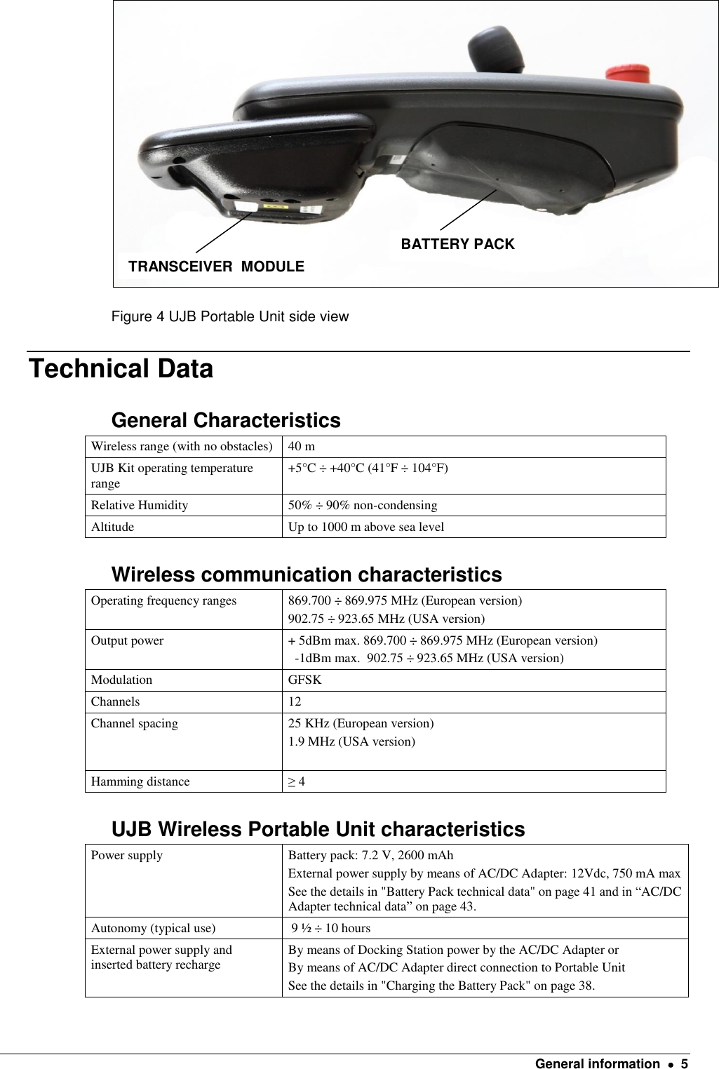    General information    5  Figure 4 UJB Portable Unit side view  Technical Data General Characteristics Wireless range (with no obstacles) 40 m UJB Kit operating temperature range +5°C ÷ +40°C (41°F ÷ 104°F) Relative Humidity  50% ÷ 90% non-condensing Altitude Up to 1000 m above sea level Wireless communication characteristics Operating frequency ranges 869.700 ÷ 869.975 MHz (European version) 902.75 ÷ 923.65 MHz (USA version) Output power + 5dBm max. 869.700 ÷ 869.975 MHz (European version)   -1dBm max.  902.75 ÷ 923.65 MHz (USA version) Modulation GFSK Channels 12  Channel spacing   25 KHz (European version) 1.9 MHz (USA version) Hamming distance ≥ 4 UJB Wireless Portable Unit characteristics Power supply Battery pack: 7.2 V, 2600 mAh External power supply by means of AC/DC Adapter: 12Vdc, 750 mA max See the details in &quot;Battery Pack technical data&quot; on page 41 and in “AC/DC Adapter technical data” on page 43. Autonomy (typical use)  9 ½ ÷ 10 hours  External power supply and inserted battery recharge By means of Docking Station power by the AC/DC Adapter or By means of AC/DC Adapter direct connection to Portable Unit See the details in &quot;Charging the Battery Pack&quot; on page 38. TRANSCEIVER  MODULE BATTERY PACK 