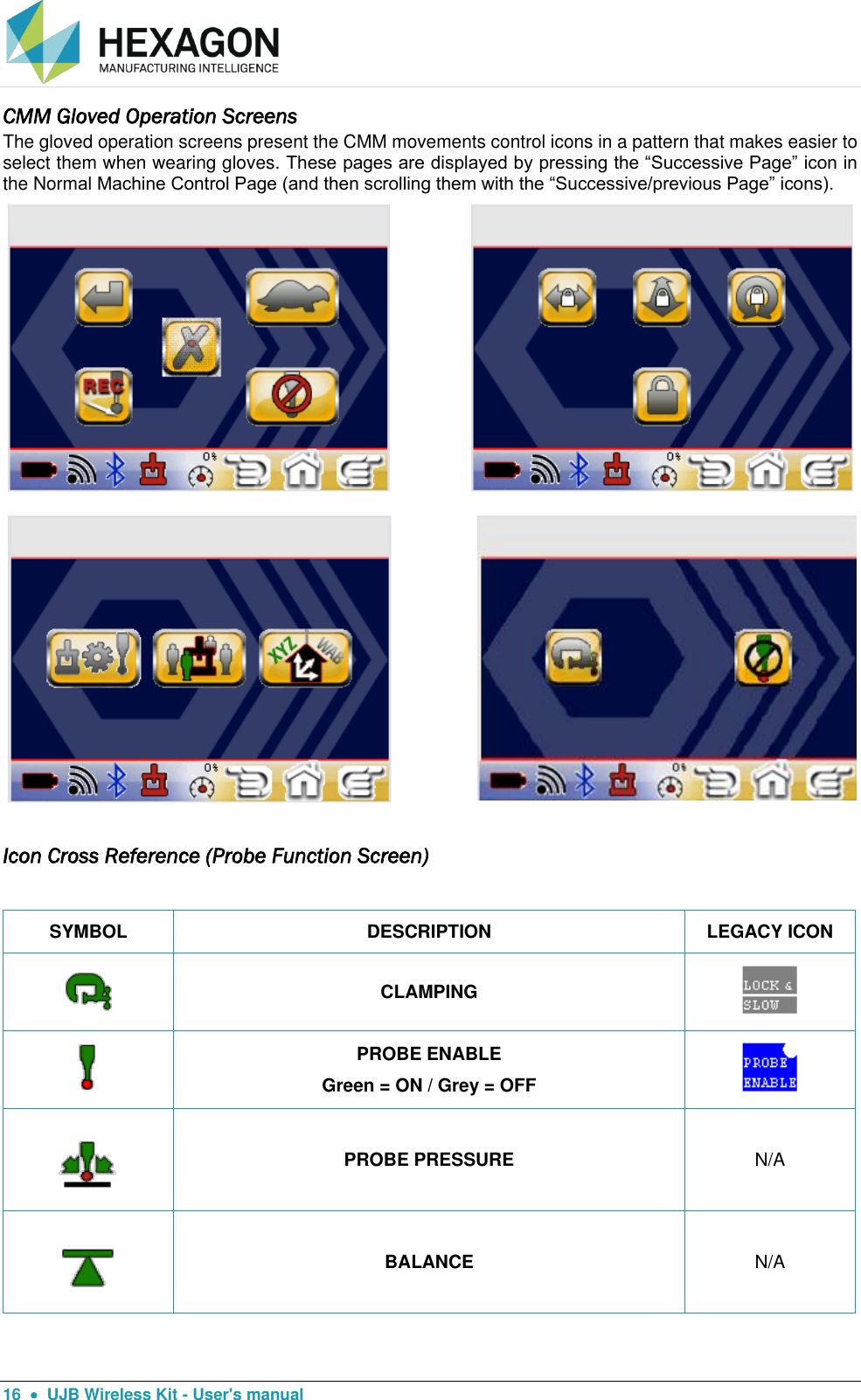  16    UJB Wireless Kit - User&apos;s manual CMM Gloved Operation Screens The gloved operation screens present the CMM movements control icons in a pattern that makes easier to select them when wearing gloves. These pages are displayed by pressing the “Successive Page” icon in the Normal Machine Control Page (and then scrolling them with the “Successive/previous Page” icons).  Icon Cross Reference (Probe Function Screen)       SYMBOL DESCRIPTION LEGACY ICON  CLAMPING   PROBE ENABLE Green = ON / Grey = OFF   PROBE PRESSURE N/A  BALANCE N/A        