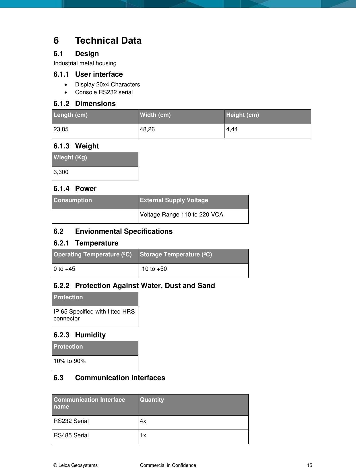  &copy; Leica Geosystems  Commercial in Confidence     15 6  Technical Data 6.1  Design Industrial metal housing 6.1.1  User interface    Display 20x4 Characters   Console RS232 serial 6.1.2  Dimensions Length (cm) Width (cm) Height (cm) 23,85 48,26 4,44 6.1.3  Weight Wieght (Kg) 3,300 6.1.4  Power Consumption External Supply Voltage  Voltage Range 110 to 220 VCA 6.2  Envionmental Specifications 6.2.1  Temperature  Operating Temperature (&ordm;C) Storage Temperature (&ordm;C) 0 to +45 -10 to +50 6.2.2  Protection Against Water, Dust and Sand Protection IP 65 Specified with fitted HRS connector 6.2.3  Humidity Protection 10% to 90% 6.3  Communication Interfaces  Communication Interface name Quantity RS232 Serial 4x RS485 Serial 1x 