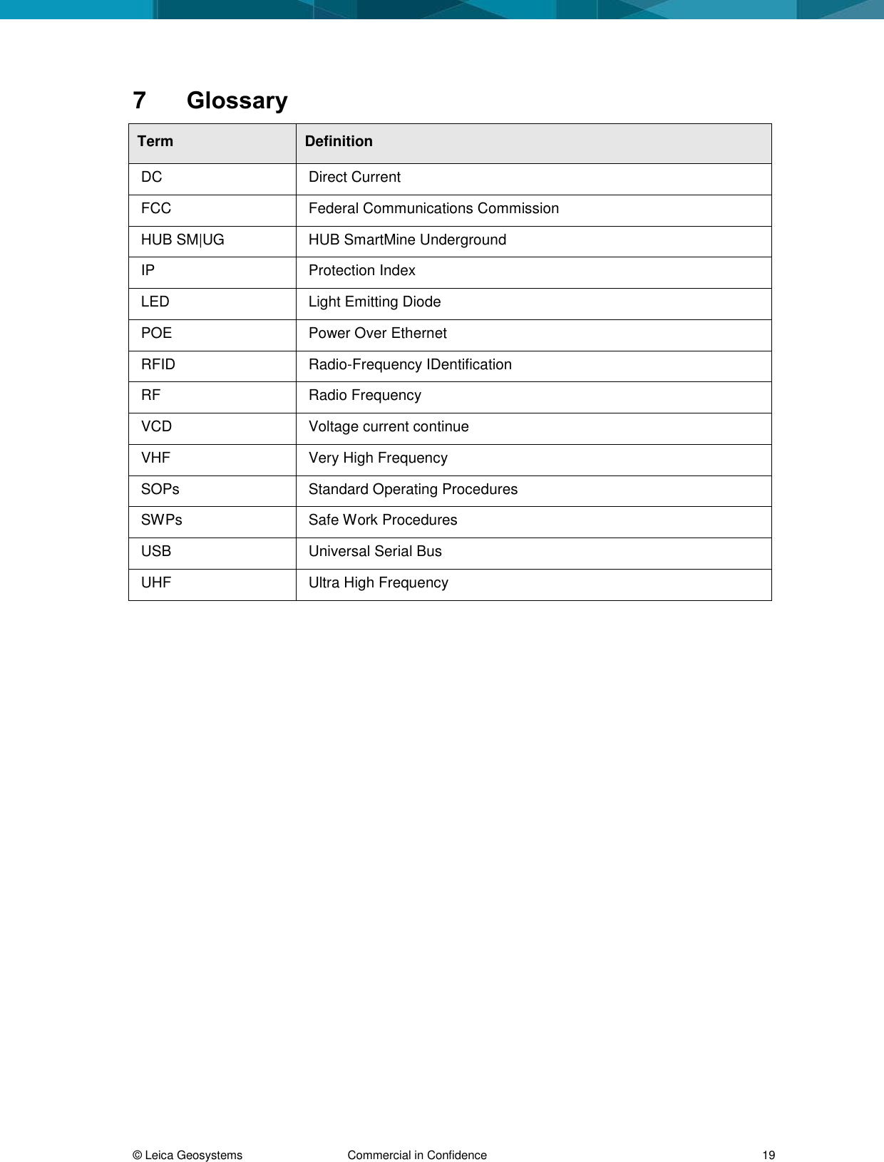 © Leica Geosystems Commercial in Confidence 19 7 Glossary Term Definition DC Direct Current FCC Federal Communications Commission HUB SM|UG HUB SmartMine Underground IP Protection Index LED Light Emitting Diode POE Power Over Ethernet RFID Radio-Frequency IDentification RF Radio Frequency VCD Voltage current continue VHF Very High Frequency SOPs Standard Operating Procedures SWPs Safe Work Procedures USB Universal Serial Bus UHF Ultra High Frequency