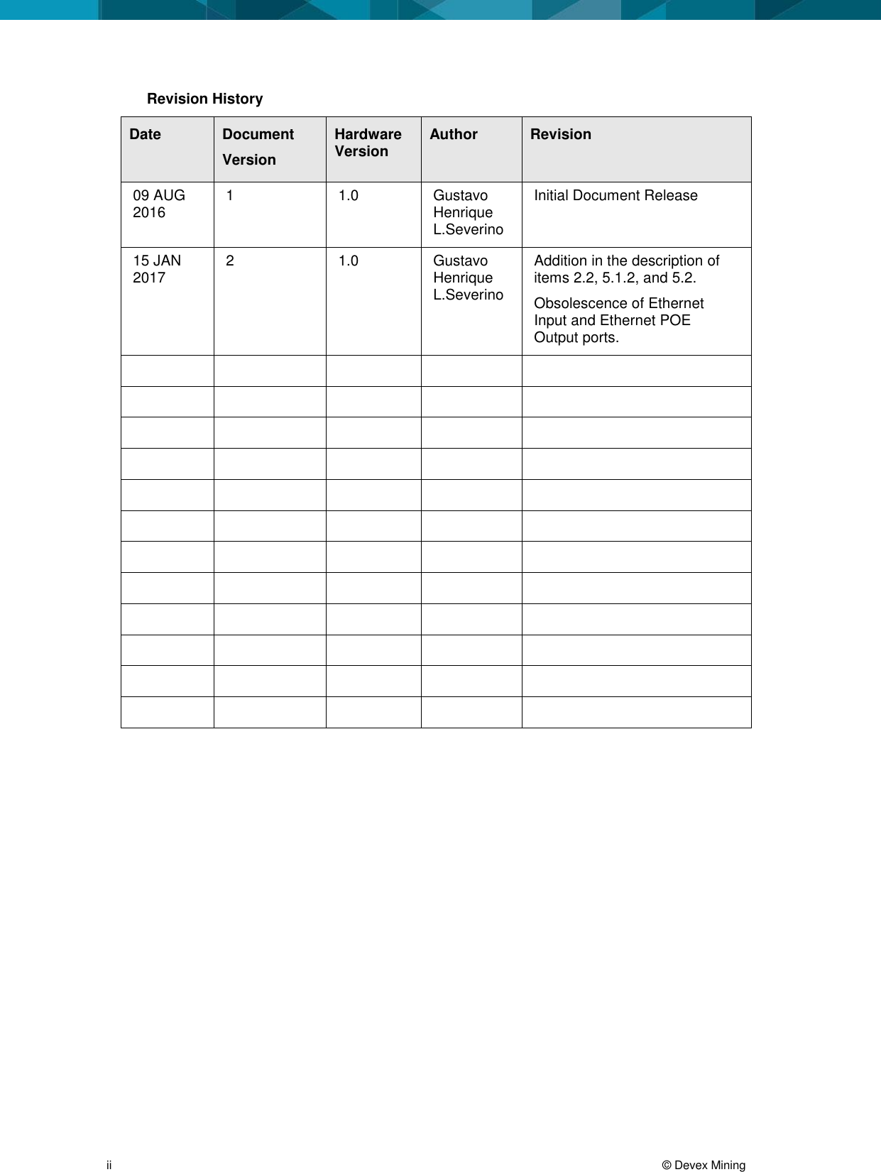 ii © Devex Mining Revision History Date Document Version Hardware Version Author Revision 09 AUG 2016 1 1.0 Gustavo Henrique L.Severino Initial Document Release 15 JAN 2017 2 1.0 Gustavo Henrique L.Severino Addition in the description of items 2.2, 5.1.2, and 5.2. Obsolescence of Ethernet Input and Ethernet POE Output ports.