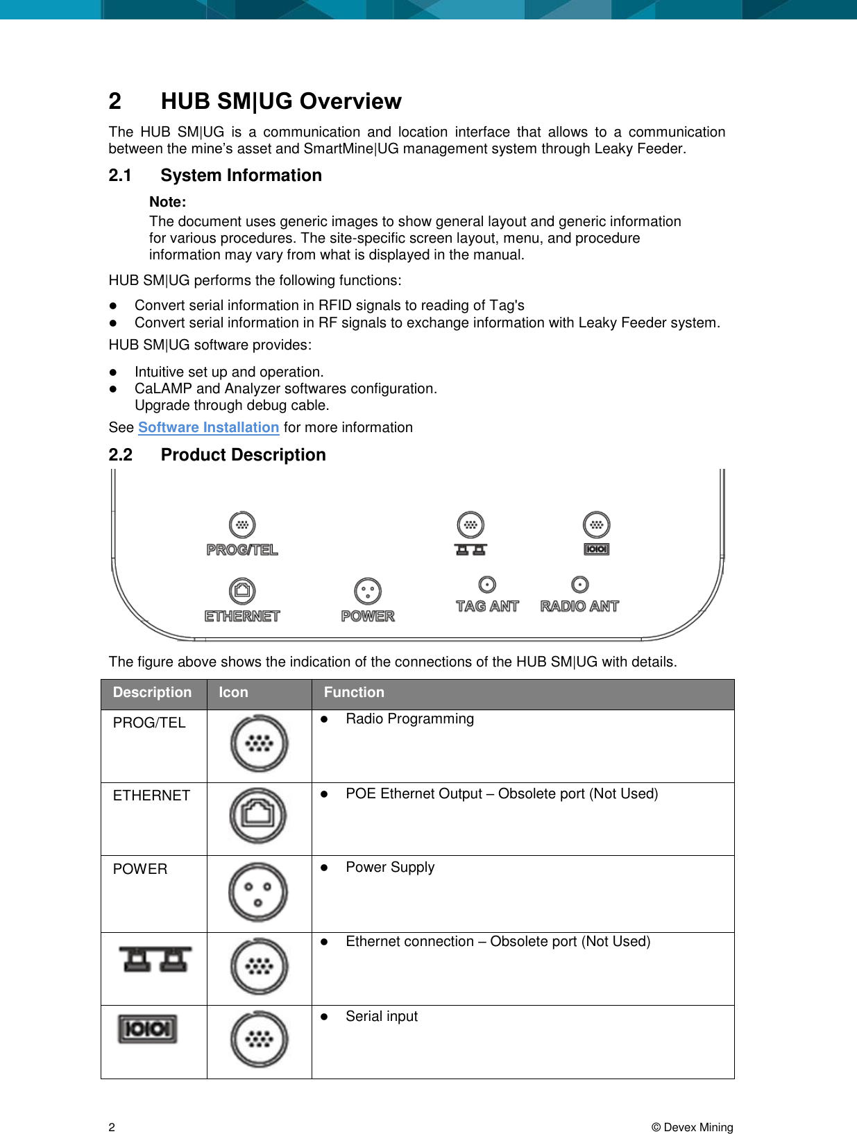 2 © Devex Mining 2 HUB SM|UG Overview The HUB SM|UG is a communication and location interface that allows to a communication between the mine’s asset and SmartMine|UG management system through Leaky Feeder. 2.1 System Information Note: The document uses generic images to show general layout and generic information for various procedures. The site-specific screen layout, menu, and procedure information may vary from what is displayed in the manual. HUB SM|UG performs the following functions: Convert serial information in RFID signals to reading of Tag's Convert serial information in RF signals to exchange information with Leaky Feeder system. HUB SM|UG software provides: Intuitive set up and operation. CaLAMP and Analyzer softwares configuration. Upgrade through debug cable. See Software Installation for more information 2.2 Product Description The figure above shows the indication of the connections of the HUB SM|UG with details. Description Icon Function PROG/TEL Radio Programming ETHERNET POE Ethernet Output – Obsolete port (Not Used) POWER Power Supply Ethernet connection – Obsolete port (Not Used) Serial input