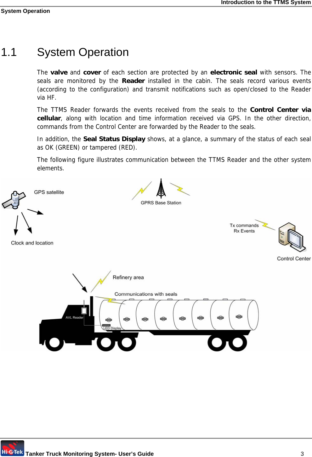 Introduction to the TTMS System System Operation  Tanker Truck Monitoring System- User’s Guide   3  1.1 System Operation The valve and cover of each section are protected by an electronic seal with sensors. The seals are monitored by the Reader  installed in the cabin. The seals record various events (according to the configuration) and transmit notifications such as open/closed to the Reader  via HF.  The TTMS Reader forwards the events received from the seals to the Control Center via cellular, along with location and time information received via GPS. In the other direction, commands from the Control Center are forwarded by the Reader to the seals. In addition, the Seal Status Display shows, at a glance, a summary of the status of each seal as OK (GREEN) or tampered (RED).  The following figure illustrates communication between the TTMS Reader and the other system elements.   