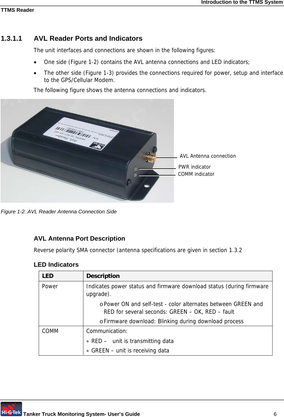 Introduction to the TTMS System TTMS Reader  Tanker Truck Monitoring System- User’s Guide   6  1.3.1.1  AVL Reader Ports and Indicators The unit interfaces and connections are shown in the following figures: • One side (Figure  1-2) contains the AVL antenna connections and LED indicators;  • The other side (Figure  1-3) provides the connections required for power, setup and interface to the GPS/Cellular Modem. The following figure shows the antenna connections and indicators.   Figure  1-2. AVL Reader Antenna Connection Side  AVL Antenna Port Description  Reverse polarity SMA connector (antenna specifications are given in section 1.3.2 LED Indicators LED  Description Power  Indicates power status and firmware download status (during firmware upgrade). o Power ON and self-test - color alternates between GREEN and RED for several seconds: GREEN – OK, RED – fault o Firmware download: Blinking during download process COMM Communication: • RED –   unit is transmitting data • GREEN – unit is receiving data  AVL Antenna connection PWR indicator COMM indicator 