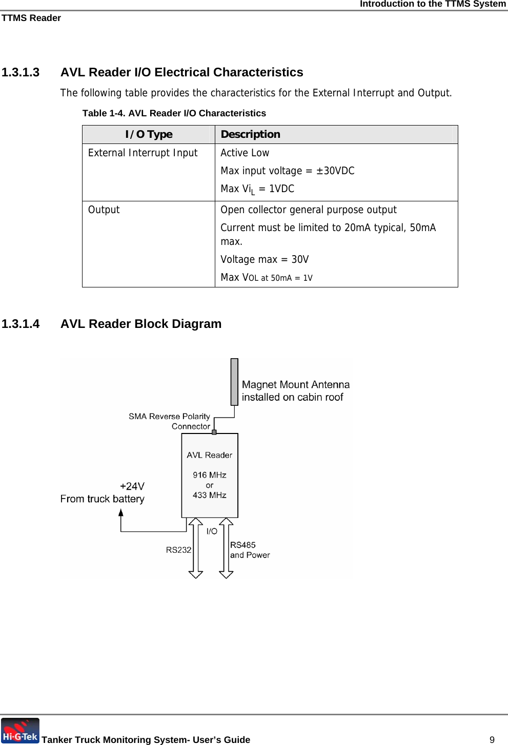 Introduction to the TTMS System TTMS Reader  Tanker Truck Monitoring System- User’s Guide   9  1.3.1.3  AVL Reader I/O Electrical Characteristics The following table provides the characteristics for the External Interrupt and Output. Table  1-4. AVL Reader I/O Characteristics I/O Type  Description External Interrupt Input  Active Low Max input voltage = ±30VDC Max ViL = 1VDC Output  Open collector general purpose output Current must be limited to 20mA typical, 50mA max. Voltage max = 30V Max VOL at 50mA = 1V  1.3.1.4  AVL Reader Block Diagram   