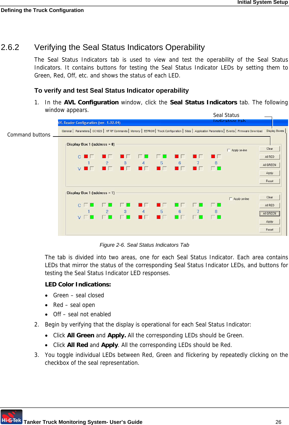 Initial System Setup Defining the Truck Configuration  Tanker Truck Monitoring System- User’s Guide   26  2.6.2  Verifying the Seal Status Indicators Operability The Seal Status Indicators tab is used to view and test the operability of the Seal Status Indicators. It contains buttons for testing the Seal Status Indicator LEDs by setting them to Green, Red, Off, etc. and shows the status of each LED.  To verify and test Seal Status Indicator operability  1. In the AVL Configuration window, click the Seal Status Indicators tab. The following window appears.  Figure  2-6. Seal Status Indicators Tab The tab is divided into two areas, one for each Seal Status Indicator. Each area contains LEDs that mirror the status of the corresponding Seal Status Indicator LEDs, and buttons for testing the Seal Status Indicator LED responses.  LED Color Indications: • Green – seal closed • Red – seal open • Off – seal not enabled  2.  Begin by verifying that the display is operational for each Seal Status Indicator:  • Click All Green and Apply. All the corresponding LEDs should be Green. • Click All Red and Apply. All the corresponding LEDs should be Red. 3.  You toggle individual LEDs between Red, Green and flickering by repeatedly clicking on the checkbox of the seal representation. Seal Status Indicators tabCommand buttons 