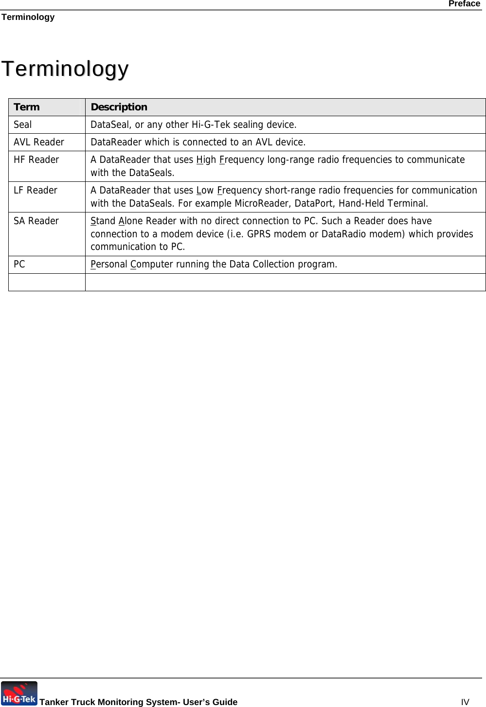 Preface Terminology  Tanker Truck Monitoring System- User’s Guide   IV  TTeerrmmiinnoollooggyy  Term  Description Seal  DataSeal, or any other Hi-G-Tek sealing device. AVL Reader  DataReader which is connected to an AVL device. HF Reader  A DataReader that uses High Frequency long-range radio frequencies to communicate with the DataSeals. LF Reader  A DataReader that uses Low Frequency short-range radio frequencies for communication with the DataSeals. For example MicroReader, DataPort, Hand-Held Terminal. SA Reader  Stand Alone Reader with no direct connection to PC. Such a Reader does have connection to a modem device (i.e. GPRS modem or DataRadio modem) which provides communication to PC. PC Personal Computer running the Data Collection program.    