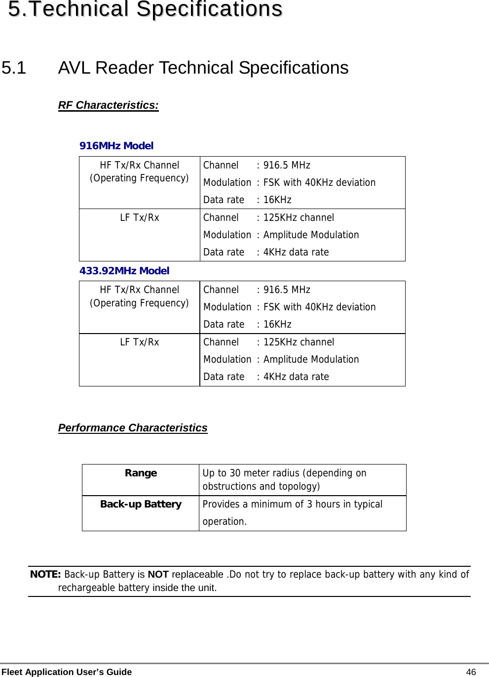  Fleet Application User’s Guide    46  55..TTeecchhnniiccaall  SSppeecciiffiiccaattiioonnss  5.1 AVL Reader Technical Specifications RF Characteristics: 916MHz Model HF Tx/Rx Channel (Operating Frequency)   Channel  : 916.5 MHz  Modulation : FSK with 40KHz deviation  Data rate  : 16KHz LF Tx/Rx    Channel  : 125KHz channel  Modulation : Amplitude Modulation  Data rate  : 4KHz data rate 433.92MHz Model HF Tx/Rx Channel (Operating Frequency)   Channel  : 916.5 MHz  Modulation : FSK with 40KHz deviation  Data rate  : 16KHz LF Tx/Rx   Channel  : 125KHz channel  Modulation  : Amplitude Modulation  Data rate  : 4KHz data rate  Performance Characteristics  Range   Up to 30 meter radius (depending on   obstructions and topology) Back-up Battery   Provides a minimum of 3 hours in typical    operation.  NOTE: Back-up Battery is NOT replaceable .Do not try to replace back-up battery with any kind of rechargeable battery inside the unit.  