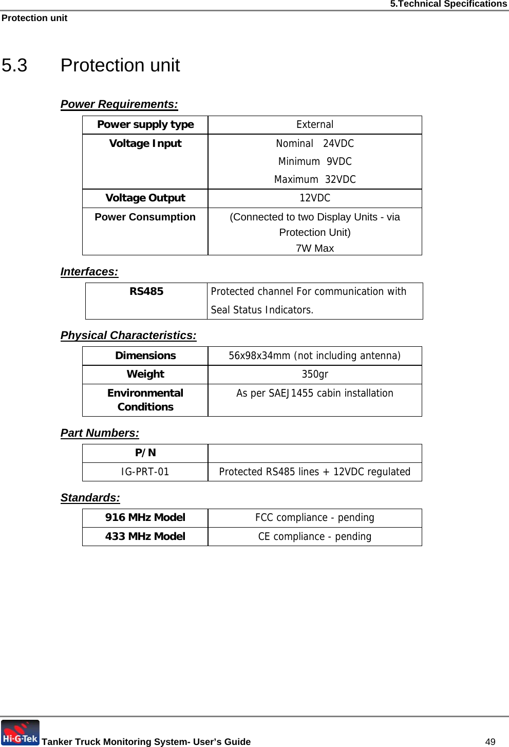 5.Technical Specifications Protection unit  Tanker Truck Monitoring System- User’s Guide   49 5.3 Protection unit Power Requirements: Power supply type  External Voltage Input  Nominal   24VDC Minimum  9VDC Maximum  32VDC Voltage Output  12VDC Power Consumption  (Connected to two Display Units - via Protection Unit) 7W Max Interfaces: RS485   Protected channel For communication with     Seal Status Indicators.  Physical Characteristics: Dimensions  56x98x34mm (not including antenna) Weight  350gr Environmental Conditions  As per SAEJ1455 cabin installation Part Numbers:  P/N  IG-PRT-01  Protected RS485 lines + 12VDC regulated  Standards: 916 MHz Model  FCC compliance - pending 433 MHz Model  CE compliance - pending    