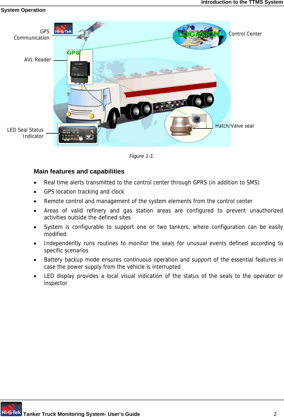 Introduction to the TTMS System System Operation  Tanker Truck Monitoring System- User’s Guide   2  Figure  1-1.  Main features and capabilities • Real time alerts transmitted to the control center through GPRS (in addition to SMS) • GPS location tracking and clock • Remote control and management of the system elements from the control center • Areas of valid refinery and gas station areas are configured to prevent unauthorized activities outside the defined sites • System is configurable to support one or two tankers, where configuration can be easily modified • Independently runs routines to monitor the seals for unusual events defined according to specific scenarios • Battery backup mode ensures continuous operation and support of the essential features in case the power supply from the vehicle is interrupted • LED display provides a local visual indication of the status of the seals to the operator or inspector LED Seal Status Indicator AVL Reader Hatch/Valve sealControl CenterGPS Communication 