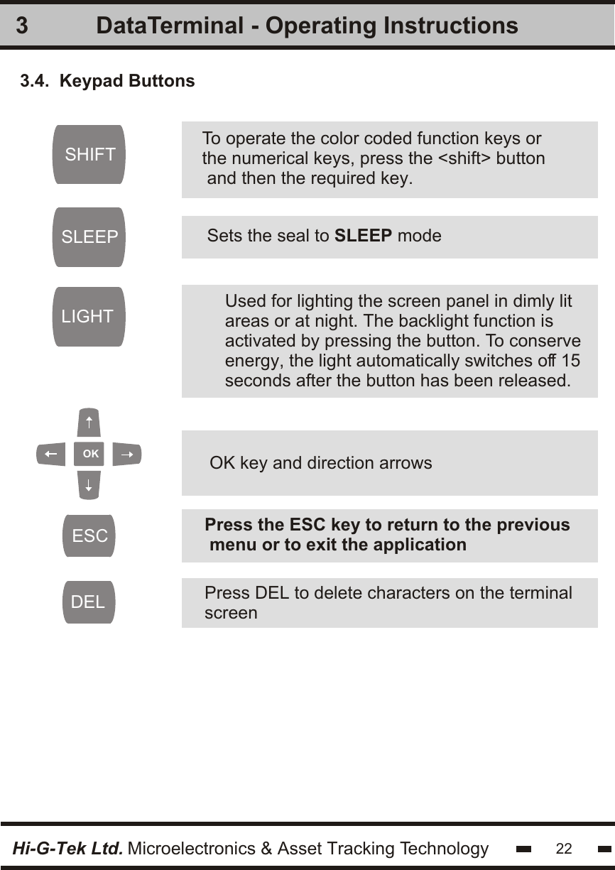 OK OK key and direction arrowsPress the ESC key to return to the previous menu or to exit the applicationPress DEL to delete characters on the terminal screen To operate the color coded function keys or the numerical keys, press the &lt;shift&gt; button and then the required key.Sets the seal to SLEEP modeUsed for lighting the screen panel in dimly litareas or at night. The backlight function isactivated by pressing the button. To conserveenergy, the light automatically switches off 15seconds after the button has been released.33.4.  Keypad ButtonsSHIFTSLEEPLIGHTDELESCHi-G-Tek Ltd. Microelectronics &amp; Asset Tracking Technology 22DataTerminal - Operating Instructions