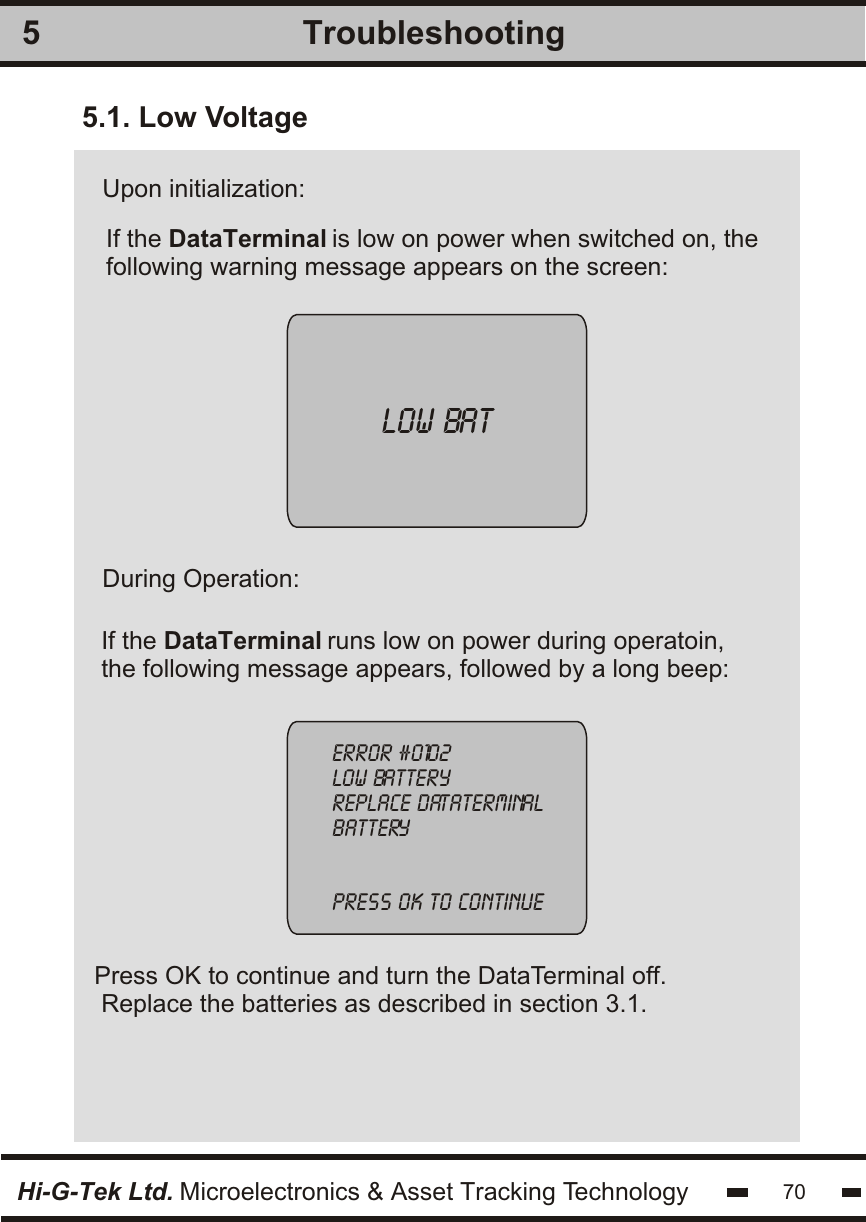 Troubleshooting55.1. Low VoltageIf the DataTerminal runs low on power during operatoin,the following message appears, followed by a long beep:Press OK to continue and turn the DataTerminal off. Replace the batteries as described in section 3.1.error #0102low batteryreplace dataterminalbatterypress ok to continueLOW BATHi-G-Tek Ltd. Microelectronics &amp; Asset Tracking Technology 70Upon initialization:During Operation:If the DataTerminal is low on power when switched on, thefollowing warning message appears on the screen: