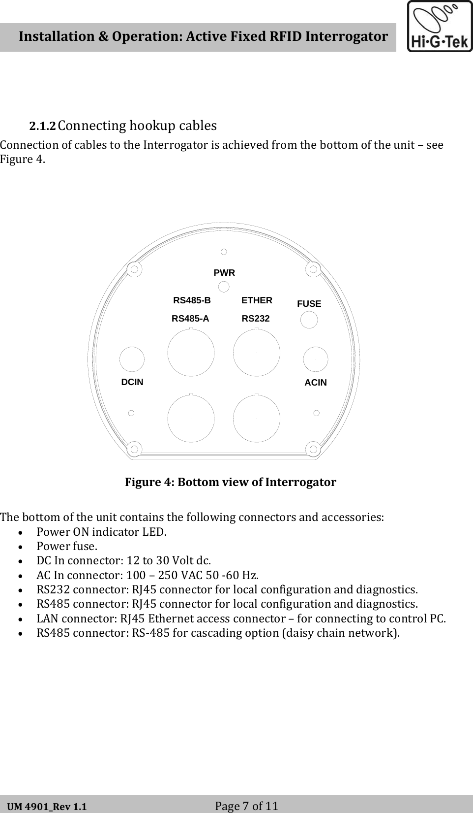   Installation&amp;Operation:ActiveFixedRFIDInterrogatorUM4901_Rev1.1 Page7of112.1.2 ConnectinghookupcablesConnectionofcablestotheInterrogatorisachievedfromthebottomoftheunit–seeFigure4.DCIN ACINETHERRS485-BRS485-A RS232FUSEPWRFigure4:BottomviewofInterrogatorThebottomoftheunitcontainsthefollowingconnectorsandaccessories:• PowerONindicatorLED.• Powerfuse.• DCInconnector:12to30Voltdc.• ACInconnector:100–250VAC50‐60Hz.• RS232connector:RJ45connectorforlocalconfigurationanddiagnostics.• RS485connector:RJ45connectorforlocalconfigurationanddiagnostics.• LANconnector:RJ45Ethernetaccessconnector–forconnectingtocontrolPC.• RS485connector:RS‐485forcascadingoption(daisychainnetwork).