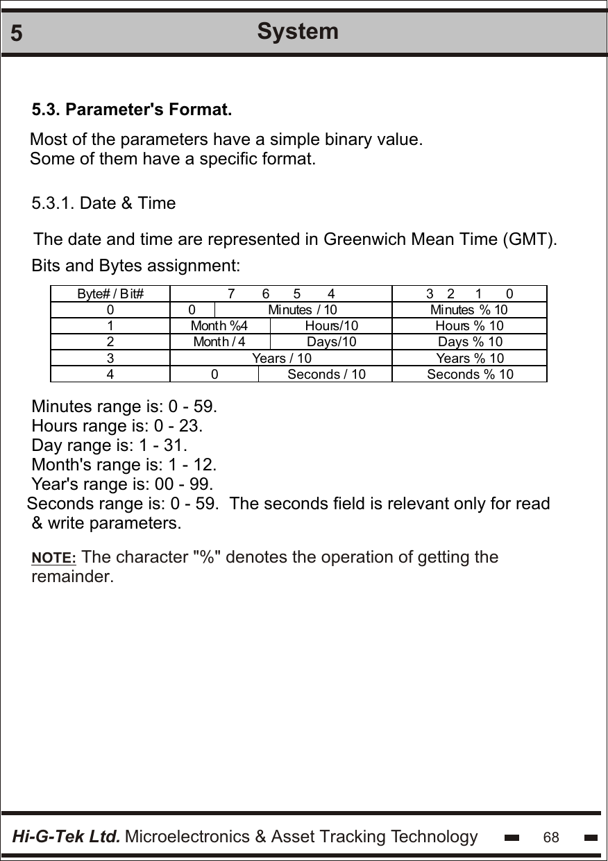 Hi-G-Tek Ltd. Microelectronics &amp; Asset Tracking Technology 685System5.3.1. Date &amp; TimeThe date and time are represented in Greenwich Mean Time (GMT).Bits and Bytes assignment:Byte# / B it# 7        6       5        4 3    2      1       0 0 0 Mi nutes  / 10  Mi nutes  % 10  1 Mont h %4 Hours/10 Hours % 10 2 Mont h / 4 Days/10 Days % 10 3 Years / 10 Years % 10 4 0 Seconds / 10 Seconds % 10  Minutes range is: 0 - 59.Hours range is: 0 - 23.Day range is: 1 - 31.Month&apos;s range is: 1 - 12.Year&apos;s range is: 00 - 99.Seconds range is: 0 - 59.  The seconds field is relevant only for read &amp; write parameters.5.3. Parameter&apos;s Format.Most of the parameters have a simple binary value.Some of them have a specific format.NOTE: The character &quot;%&quot; denotes the operation of getting theremainder.