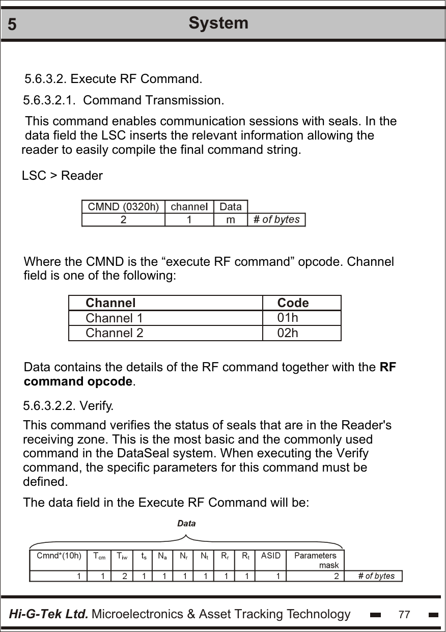 Hi-G-Tek Ltd. Microelectronics &amp; Asset Tracking Technology5System775.6.3.2. Execute RF Command.5.6.3.2.1.  Command Transmission. This command enables communication sessions with seals. In the  data field the LSC inserts the relevant information allowing the reader to easily compile the final command string.LSC &gt; ReaderWhere the CMND is the “execute RF command” opcode. Channel field is one of the following:Data contains the details of the RF command together with the RF command opcode.5.6.3.2.2. Verify.This command verifies the status of seals that are in the Reader&apos;s receiving zone. This is the most basic and the commonly used command in the DataSeal system. When executing the Verify command, the specific parameters for this command must be defined.The data field in the Execute RF Command will be:Code01h02hChannelChannel 1Channel 2