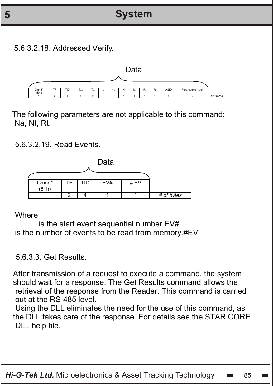 Hi-G-Tek Ltd. Microelectronics &amp; Asset Tracking Technology 855System5.6.3.2.18. Addressed Verify.Cmnd* (50h) TF  TID  Tcm Tiw ts Na Nr Nt Rr Rt ASID Parameters mask  1 2 4 1 2 1 1 1 1 1 1 1 2 # of bytes   The following parameters are not applicable to this command: Na, Nt, Rt.DataData5.6.3.2.19. Read Events.Cmnd* (61h) TF TID EV# # EV  1 2 4 1 1 # of bytes   Where           is the start event sequential number.EV#is the number of events to be read from memory.#EV           5.6.3.3. Get Results.After transmission of a request to execute a command, the system should wait for a response. The Get Results command allows the retrieval of the response from the Reader. This command is carriedout at the RS-485 level.Using the DLL eliminates the need for the use of this command, asthe DLL takes care of the response. For details see the STAR CORE DLL help file.