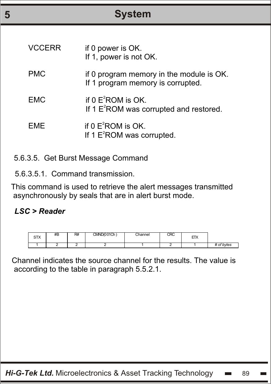 Hi-G-Tek Ltd. Microelectronics &amp; Asset Tracking Technology 895SystemVCCERRPMCEMCEMEif 0 power is OK.If 1, power is not OK.if 0 program memory in the module is OK.If 1 program memory is corrupted.2if 0 E ROM is OK.2If 1 E ROM was corrupted and restored.2if 0 E ROM is OK.2If 1 E ROM was corrupted.5.6.3.5.  Get Burst Message Command5.6.3.5.1.  Command transmission.This command is used to retrieve the alert messages transmitted asynchronously by seals that are in alert burst mode.LSC &gt; ReaderSTX #B R# CMND(0 01Ch )  Channel CRC ETX   1 2 2 2  1  2 1 # of bytes    Channel indicates the source channel for the results. The value is according to the table in paragraph 5.5.2.1.