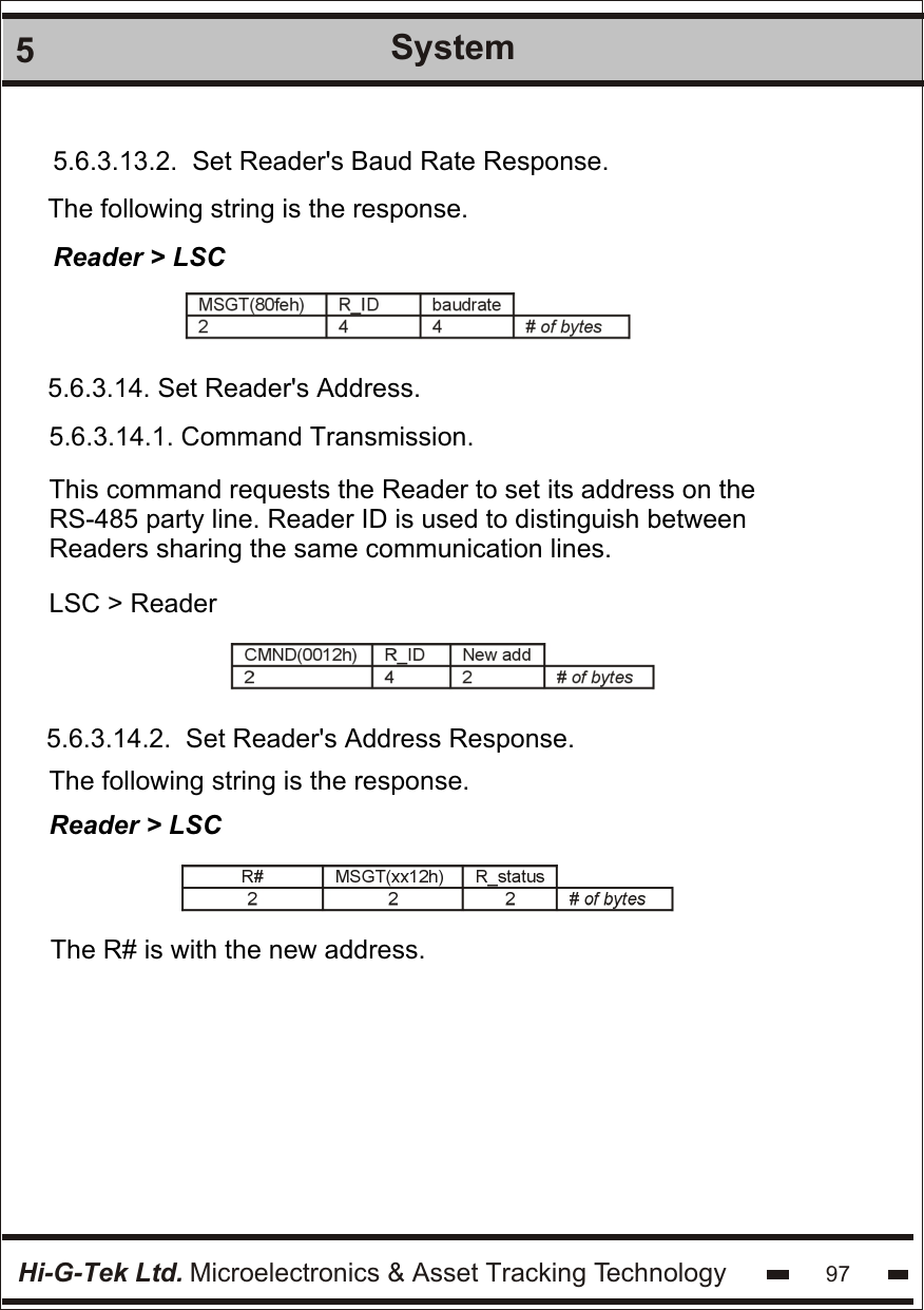 Hi-G-Tek Ltd. Microelectronics &amp; Asset Tracking Technology 975System5.6.3.13.2.  Set Reader&apos;s Baud Rate Response.The following string is the response.Reader &gt; LSC5.6.3.14. Set Reader&apos;s Address.5.6.3.14.1. Command Transmission.This command requests the Reader to set its address on the RS-485 party line. Reader ID is used to distinguish between Readers sharing the same communication lines. LSC &gt; Reader5.6.3.14.2.  Set Reader&apos;s Address Response.The following string is the response.Reader &gt; LSCThe R# is with the new address.
