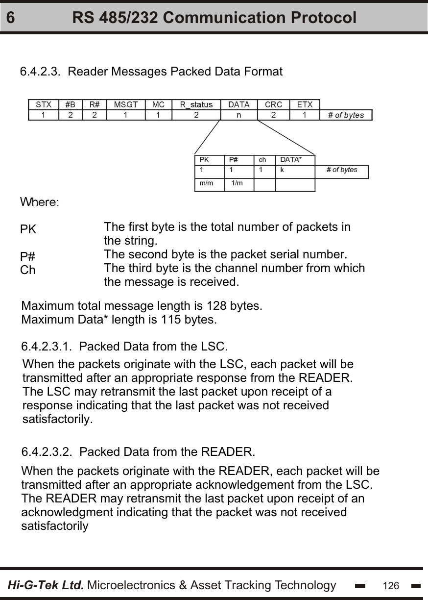 Hi-G-Tek Ltd. Microelectronics &amp; Asset Tracking Technology 1266 RS 485/232 Communication Protocol6.4.2.3.  Reader Messages Packed Data FormatWhere:PKP#ChThe first byte is the total number of packets in the string.The second byte is the packet serial number.The third byte is the channel number from which the message is received.Maximum total message length is 128 bytes.Maximum Data* length is 115 bytes.6.4.2.3.1.  Packed Data from the LSC.6.4.2.3.2.  Packed Data from the READER.When the packets originate with the LSC, each packet will be transmitted after an appropriate response from the READER. The LSC may retransmit the last packet upon receipt of a response indicating that the last packet was not received satisfactorily.When the packets originate with the READER, each packet will be transmitted after an appropriate acknowledgement from the LSC. The READER may retransmit the last packet upon receipt of an acknowledgment indicating that the packet was not received satisfactorily    