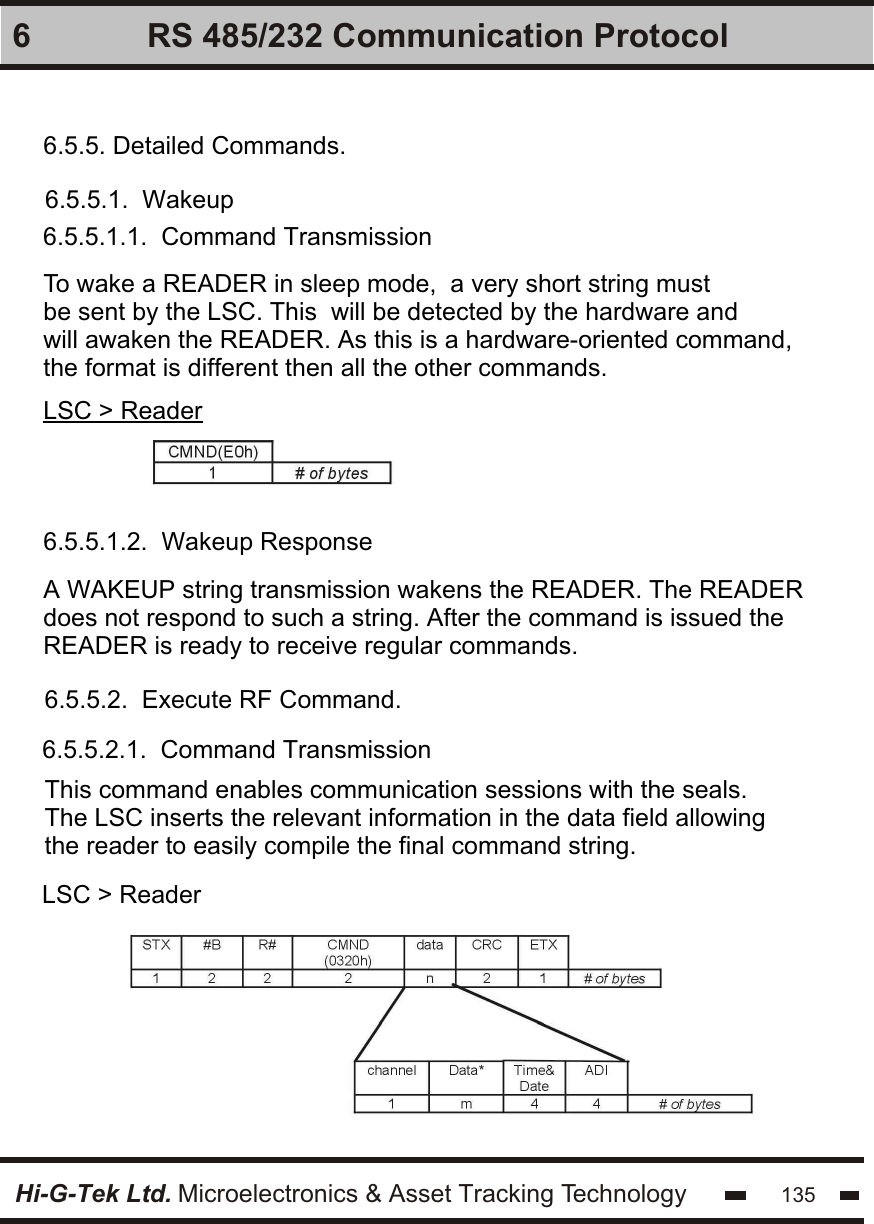 Hi-G-Tek Ltd. Microelectronics &amp; Asset Tracking Technology 1356 RS 485/232 Communication Protocol6.5.5. Detailed Commands.6.5.5.1.  Wakeup6.5.5.1.1.  Command Transmission6.5.5.2.1.  Command Transmission6.5.5.1.2.  Wakeup ResponseTo wake a READER in sleep mode,  a very short string must be sent by the LSC. This  will be detected by the hardware and will awaken the READER. As this is a hardware-oriented command,the format is different then all the other commands.LSC &gt; ReaderA WAKEUP string transmission wakens the READER. The READER does not respond to such a string. After the command is issued the READER is ready to receive regular commands. 6.5.5.2.  Execute RF Command.This command enables communication sessions with the seals. The LSC inserts the relevant information in the data field allowing the reader to easily compile the final command string.LSC &gt; Reader