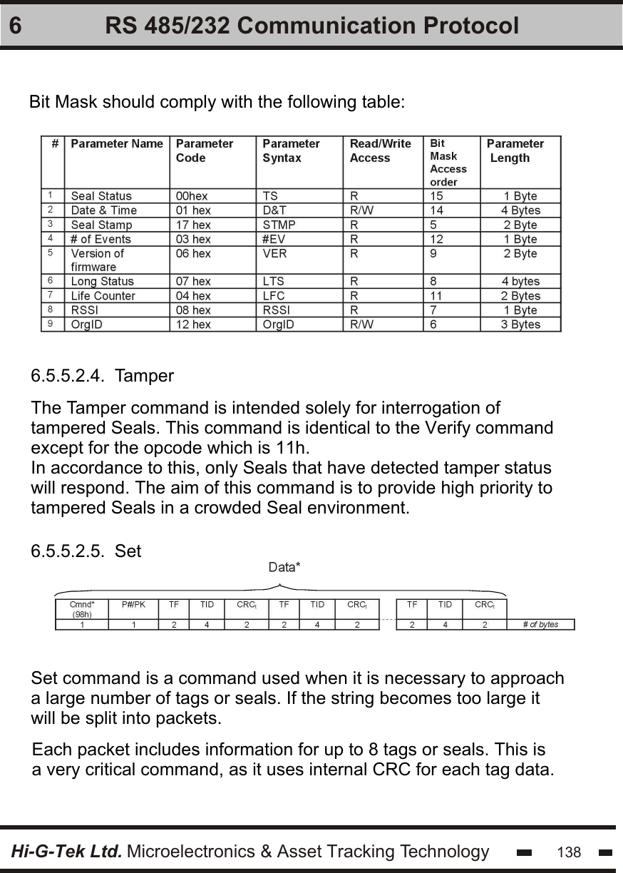 Hi-G-Tek Ltd. Microelectronics &amp; Asset Tracking Technology 1386 RS 485/232 Communication ProtocolBit Mask should comply with the following table:6.5.5.2.4.  Tamper6.5.5.2.5.  SetThe Tamper command is intended solely for interrogation of tampered Seals. This command is identical to the Verify command except for the opcode which is 11h.In accordance to this, only Seals that have detected tamper status will respond. The aim of this command is to provide high priority totampered Seals in a crowded Seal environment.Set command is a command used when it is necessary to approach a large number of tags or seals. If the string becomes too large it will be split into packets.  Each packet includes information for up to 8 tags or seals. This is a very critical command, as it uses internal CRC for each tag data.