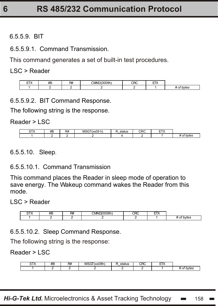 Hi-G-Tek Ltd. Microelectronics &amp; Asset Tracking Technology 1586 RS 485/232 Communication Protocol6.5.5.9.  BIT6.5.5.9.1.  Command Transmission.This command generates a set of built-in test procedures.LSC &gt; ReaderSTX #B R# CMND(0009h) CRC ETX   1 2  2  2  2 1 # of bytes    6.5.5.9.2.  BIT Command Response.The following string is the response.Reader &gt; LSCSTX  #B R# MSGT(xx09 h) R_status CRC ETX   1  2  2  2  4  2  1  # of bytes   6.5.5.10.   Sleep.6.5.5.10.1.  Command TransmissionThis command places the Reader in sleep mode of operation to save energy. The Wakeup command wakes the Reader from this mode.LSC &gt; ReaderSTX #B R# CMND(0008h) CRC ETX   1 2  2  2 2  1  # of bytes   6.5.5.10.2.  Sleep Command Response.The following string is the response:Reader &gt; LSCSTX #B R# MSGT(xx08h)  R_status CRC ETX   1 2  2  2 2 2  1  # of bytes   