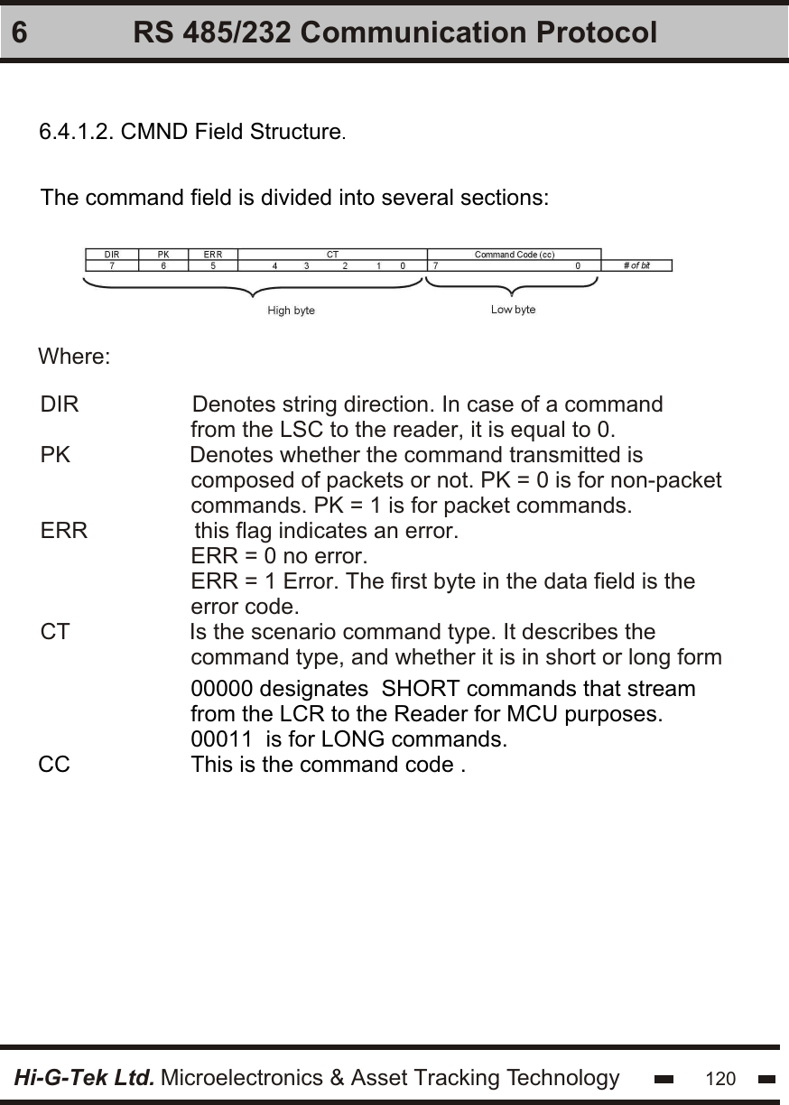 Hi-G-Tek Ltd. Microelectronics &amp; Asset Tracking Technology 1206 RS 485/232 Communication Protocol6.4.1.2. CMND Field Structure.The command field is divided into several sections:DIR                  Denotes string direction. In case of a command                         from the LSC to the reader, it is equal to 0. PK                   Denotes whether the command transmitted is                         composed of packets or not. PK = 0 is for non-packet                         commands. PK = 1 is for packet commands.ERR                 this flag indicates an error.                        ERR = 0 no error.                        ERR = 1 Error. The first byte in the data field is the                         error code.CT                   Is the scenario command type. It describes the Where:command type, and whether it is in short or long form00000 designates  SHORT commands that stream from the LCR to the Reader for MCU purposes.00011  is for LONG commands.This is the command code .CC