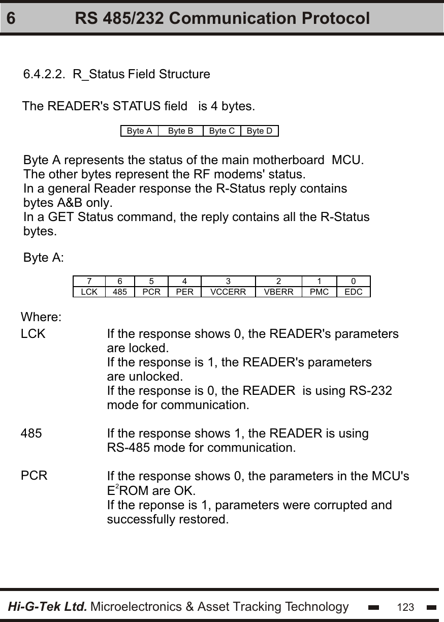 Hi-G-Tek Ltd. Microelectronics &amp; Asset Tracking Technology 1236 RS 485/232 Communication Protocol6.4.2.2.  R_Status Field StructureThe READER&apos;s STATUS field   is 4 bytes. Byte A Byte B Byte C Byte D  Byte A represents the status of the main motherboard  MCU.The other bytes represent the RF modems&apos; status.In a general Reader response the R-Status reply contains bytes A&amp;B only.In a GET Status command, the reply contains all the R-Status bytes.Byte A: 7  6  5  4  3  2  1  0 LCK 485 PCR PER VCCERR VBERR PMC EDC  Where:LCK485PCRIf the response shows 0, the READER&apos;s parameters are locked.If the response is 1, the READER&apos;s parameters are unlocked.If the response is 0, the READER  is using RS-232 mode for communication.If the response shows 1, the READER is using RS-485 mode for communication.If the response shows 0, the parameters in the MCU&apos;s 2E ROM are OK.If the reponse is 1, parameters were corrupted and successfully restored.