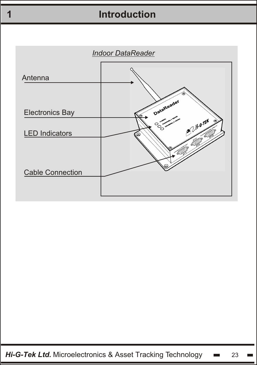 1IntroductionHi-G-Tek Ltd. Microelectronics &amp; Asset Tracking Technology 23Electronics BayCable ConnectionAntenna LED IndicatorsIndoor DataReader