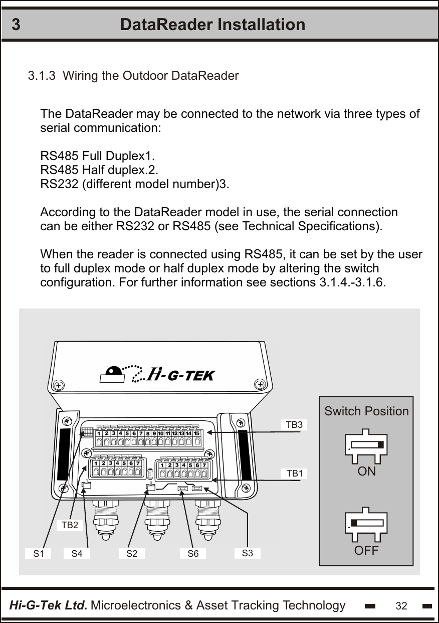 3.1.3  Wiring the Outdoor DataReaderHi-G-Tek Ltd. Microelectronics &amp; Asset Tracking Technology 32DataReader Installation 3The DataReader may be connected to the network via three types of serial communication: RS485 Full Duplex1.RS485 Half duplex.2.RS232 (different model number)3.According to the DataReader model in use, the serial connection can be either RS232 or RS485 (see Technical Specifications). When the reader is connected using RS485, it can be set by the user to full duplex mode or half duplex mode by altering the switch configuration. For further information see sections 3.1.4.-3.1.6.Switch PositionONOFFTB3TB1S1 S4 S2 S6 S3TB2