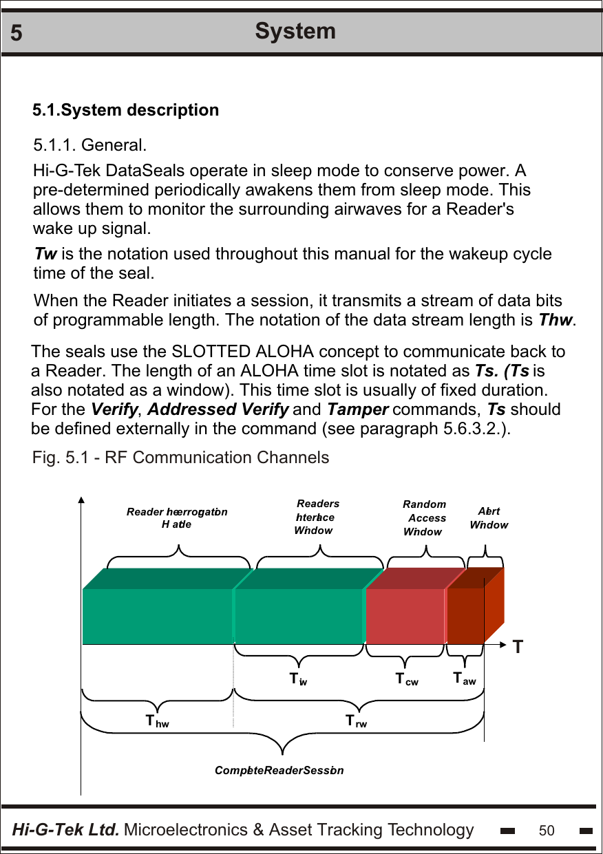 Hi-G-Tek Ltd. Microelectronics &amp; Asset Tracking Technology 50System55.1.System descriptionT Complete Reader SessionReaderH Ineatedrerorgation  Random  Access Window  Alert Window   Tcw TawTrwThwTiw Readers  Interlace  Window 5.1.1. General.Hi-G-Tek DataSeals operate in sleep mode to conserve power. A pre-determined periodically awakens them from sleep mode. This allows them to monitor the surrounding airwaves for a Reader&apos;s wake up signal.Tw is the notation used throughout this manual for the wakeup cycle time of the seal.When the Reader initiates a session, it transmits a stream of data bits of programmable length. The notation of the data stream length is Thw.The seals use the SLOTTED ALOHA concept to communicate back to a Reader. The length of an ALOHA time slot is notated as Ts. (Ts is also notated as a window). This time slot is usually of fixed duration. For the Verify, Addressed Verify and Tamper commands, Ts should be defined externally in the command (see paragraph 5.6.3.2.). Fig. 5.1 - RF Communication Channels