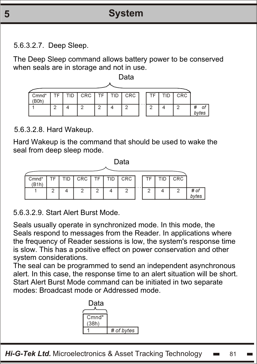 Hi-G-Tek Ltd. Microelectronics &amp; Asset Tracking Technology5System815.6.3.2.7.  Deep Sleep.The Deep Sleep command allows battery power to be conserved when seals are in storage and not in use.  5.6.3.2.8. Hard Wakeup.Hard Wakeup is the command that should be used to wake the seal from deep sleep mode.  DataData5.6.3.2.9. Start Alert Burst Mode.Seals usually operate in synchronized mode. In this mode, the Seals respond to messages from the Reader. In applications where the frequency of Reader sessions is low, the system&apos;s response time  is slow. This has a positive effect on power conservation and othersystem considerations.The seal can be programmed to send an independent asynchronous alert. In this case, the response time to an alert situation will be short. Start Alert Burst Mode command can be initiated in two separate modes: Broadcast mode or Addressed mode. Data