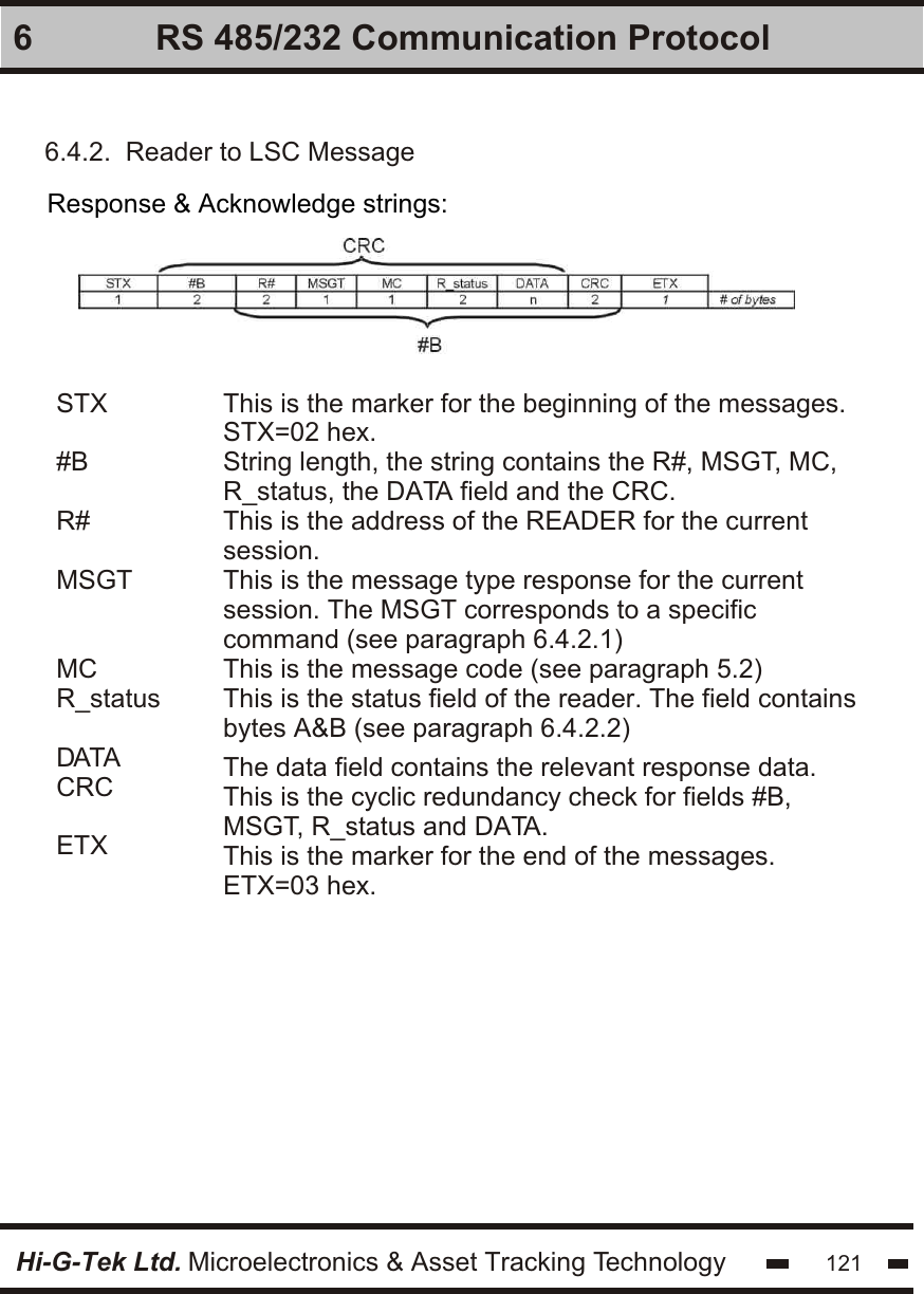 Hi-G-Tek Ltd. Microelectronics &amp; Asset Tracking Technology 1216 RS 485/232 Communication ProtocolResponse &amp; Acknowledge strings:6.4.2.  Reader to LSC MessageThis is the marker for the beginning of the messages.STX=02 hex.String length, the string contains the R#, MSGT, MC, R_status, the DATA field and the CRC.This is the address of the READER for the currentsession.This is the message type response for the current session. The MSGT corresponds to a specific command (see paragraph 6.4.2.1)This is the message code (see paragraph 5.2)This is the status field of the reader. The field containsbytes A&amp;B (see paragraph 6.4.2.2)The data field contains the relevant response data.This is the cyclic redundancy check for fields #B, MSGT, R_status and DATA.This is the marker for the end of the messages.ETX=03 hex.STX#BR#MSGTMCR_statusDATACRCETX