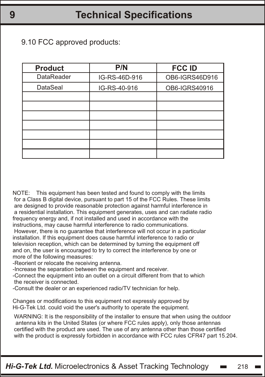 Technical Specifications9Hi-G-Tek Ltd. Microelectronics &amp; Asset Tracking Technology 218NOTE:    This equipment has been tested and found to comply with the limits for a Class B digital device, pursuant to part 15 of the FCC Rules. These limits are designed to provide reasonable protection against harmful interference in a residential installation. This equipment generates, uses and can radiate radiofrequency energy and, if not installed and used in accordance with the instructions, may cause harmful interference to radio communications. However, there is no guarantee that interference will not occur in a particularinstallation. If this equipment does cause harmful interference to radio or television reception, which can be determined by turning the equipment off and on, the user is encouraged to try to correct the interference by one or more of the following measures:-Reorient or relocate the receiving antenna.-Increase the separation between the equipment and receiver.-Connect the equipment into an outlet on a circuit different from that to which the receiver is connected.-Consult the dealer or an experienced radio/TV technician for help.Changes or modifications to this equipment not expressly approved by Hi-G-Tek Ltd. could void the user&apos;s authority to operate the equipment.9.10 FCC approved products:Product P/N FCC IDIG-RS-46D-916DataReader OB6-IGRS46D916WARNING: It is the responsibility of the installer to ensure that when using the outdoor antenna kits in the United States (or where FCC rules apply), only those antennas certified with the product are used. The use of any antenna other than those certified with the product is expressly forbidden in accordance with FCC rules CFR47 part 15.204.IG-RS-40-916DataSeal OB6-IGRS40916