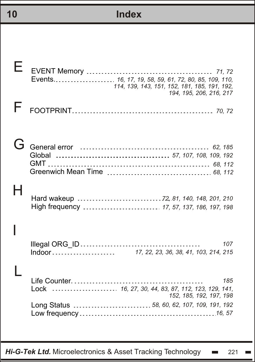 IndexHi-G-Tek Ltd. Microelectronics &amp; Asset Tracking Technology 22110EFGHIEVENT MemoryEvents.General errorGlobalGMTGreenwich Mean TimeFOOTPRINT Hard wakeupHigh frequencyIllegal ORG_IDIndoorLLife Counter.LockLong StatusLow frequency 71, 7270, 7262, 18557, 107, 108, 109, 19272, 81, 140, 148, 201, 21068, 11217, 57, 137, 186, 197, 19868, 11217, 22, 23, 36, 38, 41, 103, 214, 21516, 27, 30, 44, 83, 87, 112, 123, 129, 141, 152, 185, 192, 197, 19816, 5710718558, 60, 62, 107, 109, 191, 19216, 17, 19, 58, 59, 61, 72, 80, 85, 109, 110,114, 139, 143, 151, 152, 181, 185, 191, 192,194, 195, 206, 216, 217