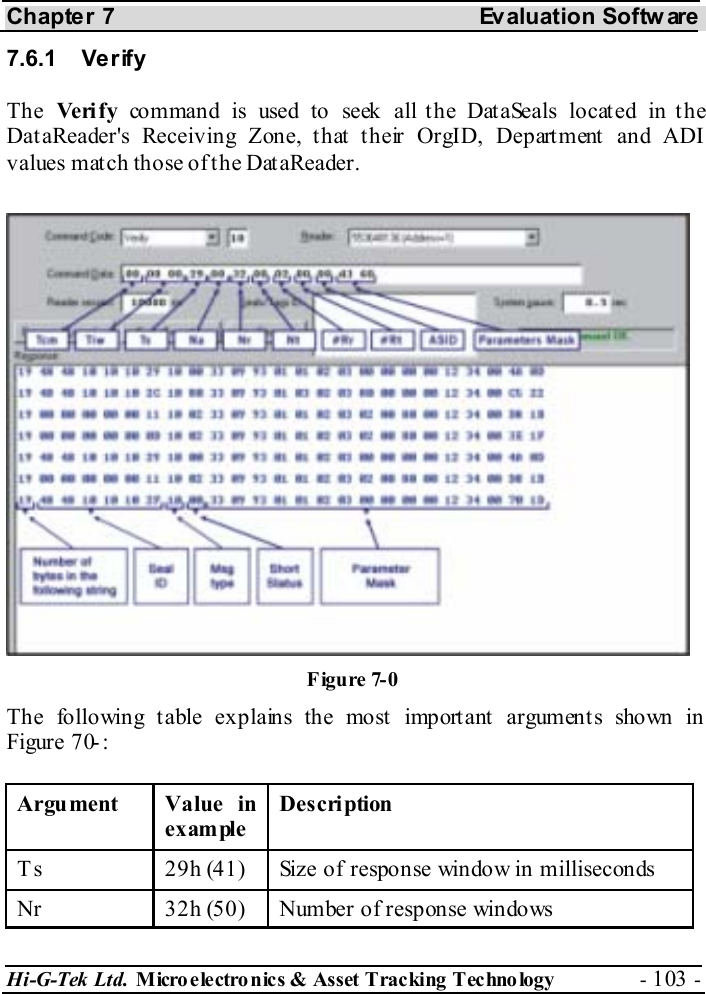 Chapter 7  Evaluation Softw are Hi-G-Tek Ltd. Micro electro nics &amp; Asset Tracking  Technology  - 103 -  7.6.1 Verify The  Ve ri f y command is used to seek all the DataSeals located in the DataReader&apos;s Receiving Zone, that their OrgID, Department and ADI values match those of the DataReader. The following table explains the most important arguments shown in Figure  7 -0: Argument Value in example Description T s  29h (41)  Size of response window in milliseconds Nr  32h (50)  Number of response windows Figure  7-0 