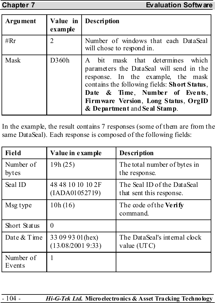 Chapter 7  Evaluation Softw are - 104 -  Hi-G-Tek Ltd. Micro elec tro nics &amp; A sset Tra cking Techno logy   Argument Value in example Description #Rr  2  Number of windows that each DataSeal will chose to respond in. Mask  D360h  A bit  mask t hat det ermines which parameters the DataSeal will send in the resp on se.  I n th e ex amp le,  t he m ask contains the following fields: Short Status, Date  &amp; Time,  Number of Events, Firmware Version,  Long Status, OrgID &amp; De partment and Se al Stamp. In the example, the result contains 7 responses (some of them are from the same DataSeal). Each response is composed of the following fields: Fi eld  Value in example   Description Number of byt es 19h (25)  The total number of bytes in the response. Seal ID  48 48 10 10 10 2F (IADA01052719) The Seal ID of the DataSeal that sent this response. Msg type  10h (16)  The code of the Ve ri fy  command. Short Status  0   Date &amp; Time   33 09 93 01(hex) (13/08/2001 9:33) The DataSeal&apos;s internal clock value (UTC) Number of Events  1  