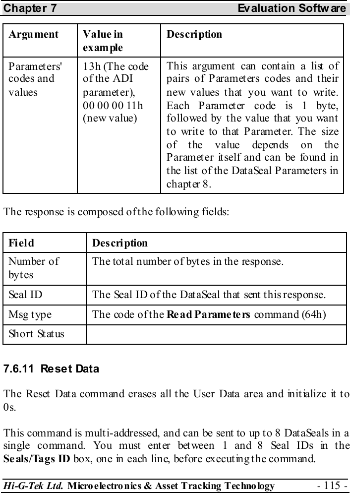 Chapter 7  Evaluation Softw are Hi-G-Tek Ltd. Micro electro nics &amp; Asset Tracking  Technology  - 115 -  Argument Value in example Description Parameters&apos; codes and values 13h (The code of the ADI parameter), 00 00 00 11h (new value) This argument can contain a list of pairs of Parameters codes and their new values that you want to write. Each P aramet er code is 1 byte, followed by t he value that  you want to write to that Parameter. The size of the value depends on the P arameter it self and can be found in the list of the DataSeal Parameters in chapter  8. The response is composed of the following fields: Field Description Number of byt es The total number of bytes in the response. Seal ID  The Seal ID of the DataSeal that sent this response. Msg t ype  The code of t he Re a d P a rame te rs  command (64h) Short Status   7.6.11 Reset Data The Reset Data command erases all the User Data area and initialize it to 0s. This command is multi-addressed, and can be sent to up to 8 DataSeals in a single command. You must enter between 1 and 8 Seal IDs in the Seals/Tags ID box, one in each line, before executing the command. 