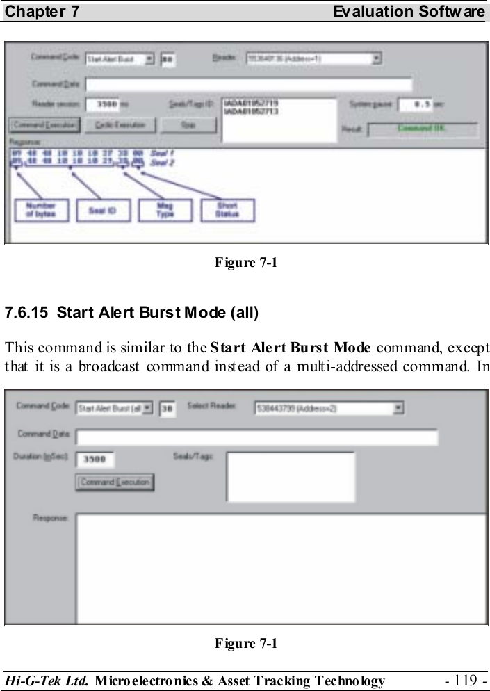 Chapter 7  Evaluation Softw are Hi-G-Tek Ltd. Micro electro nics &amp; Asset Tracking  Technology  - 119 -  7.6.15  Start Alert Burst Mode (all) This command is similar to the Start Alert Burst Mode command, except that it is a broadcast command instead of a multi-addressed command. In Figure  7-1 Figure  7-1 