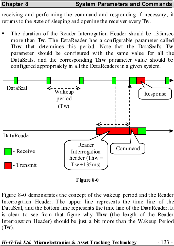 Chapter 8  System  Parameters and Commands Hi-G-Tek Ltd. Micro electro nics &amp; Asset Tracking  Technology  - 133 -  receiving and performing the command and responding if necessary, it returns to the state of sleeping and opening the receiver every Tw .   The duration of the Reader Interrogation Header should be 135msec more than Tw . The DataReader has a configurable parameter called Th w  that determines this period. Note that the DataSeal&apos;s Tw  parameter should be configured with the same value for all the DataSeals, and the corresponding Th w  parameter value should be configured appropriately in all the DataReaders in a given system.  Figure  8-0 demonstrates the concept of the wakeup period and the Reader Interrogation Header. The upper line represents the time line of the DataSeal, and the bottom line represents the time line of the DataReader. It is clear to see from that figure why Th w  (the length of the Reader Interrogation Header) should be just a bit more than the Wakeup Period (Tw ). DataSeal DataReader - Receive - Transmit Wakeup period (T w) Reader Interrogation header (Thw = Tw +135ms) CommandResponse Figure  8-0 