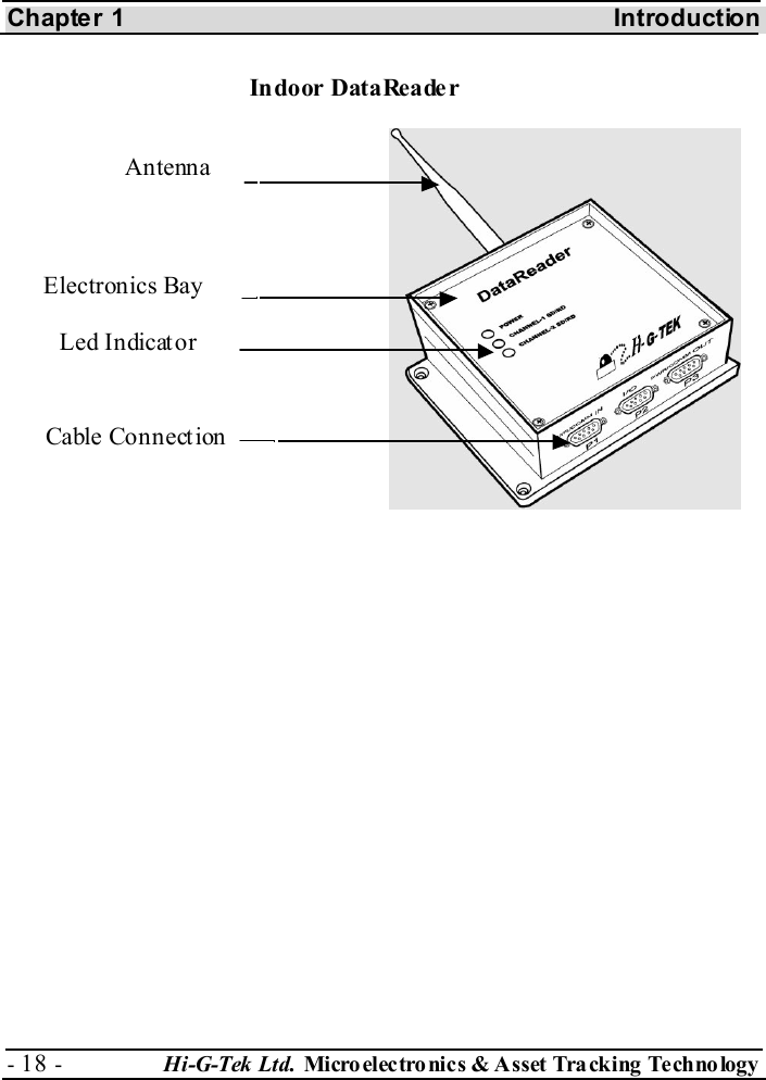 Chapter 1  Introduction - 18 -  Hi-G-Tek Ltd. Micro elec tro nics &amp; A sset Tra cking Techno logy    Antenna Electronics Bay Led Indicat or Cable Connection Indoor DataReade r 