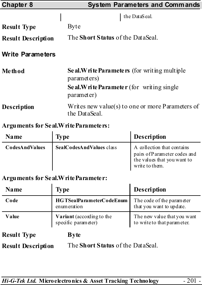 Chapter 8  System  Parameters and Commands Hi-G-Tek Ltd. Micro electro nics &amp; Asset Tracking  Technology  - 201 -  the DataSeal.  Result Type  Byt e Result Description  The Short Status of the DataSeal. Write  Parame ters  Me th od  Se al.W ri te Pa ra mete rs  (for writing multiple parameters) Se al.W ri te Pa ra mete r (for  writing single parameter) Description  Writes new value(s) to one or more Parameters of the DataSeal. Argu ments for Se al.W ri te Para mete rs : Name Type  Description CodesAndValues SealCodesAndValues class  A collection that contains pairs of Parameter  codes and th e v alu es th at you want  to write to them.  Argu ments for Se al.W ri te Para mete r: Name Type  Description Code HGTSealParameterCodeEnum enum eration The code of the parameter that you want to update. Value Variant (according to  the specific parameter) The new value that you want to write to that parameter.  Result Type  Byte Result Description  The Short Status of the DataSeal. 