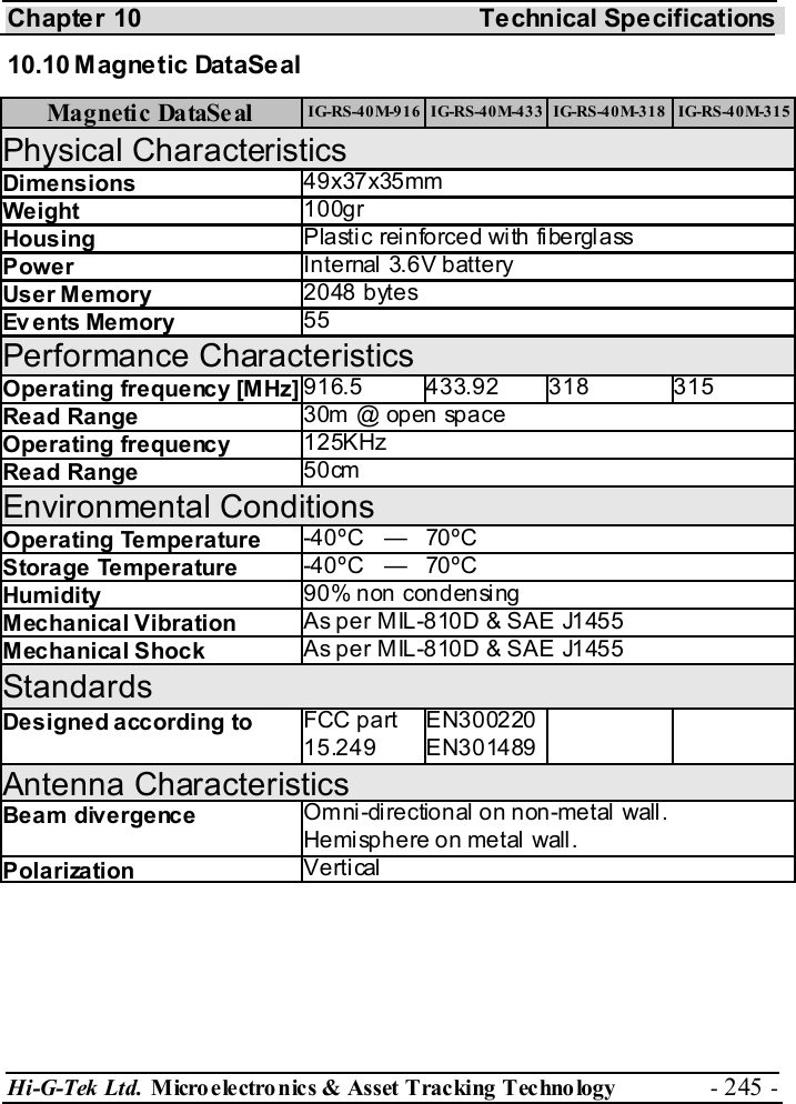 Chapter 10  Technical Specifications Hi-G-Tek Ltd. Micro electro nics &amp; Asset Tracking  Technology  - 245 -  10.10 Magnetic DataSeal  Magnetic DataSeal  IG-RS-40M-916  IG-RS-40M-433  IG-RS-40M-318  IG-RS-40M-315 Physical Characteristics Dimensions  49x37x35mm Weight  100gr Housing  P la sti c rei n force d wi th fi be rgl a ss Power  Internal 3.6V battery User Memory  2048 bytes Ev ents Memory  55 Performance Characteristics Operating frequency [MHz] 916.5 433.92 318  315 Read Range  30m @ open space Operating frequency  125KHz Read Range  50cm Environmental Conditions Operating Temperature  -40ºC   —   70ºC Storage Temperature  -40ºC   —   70ºC Humidity  90% non condensing Mechanical Vibration  As per MIL-810D &amp; SAE J1455 Mechanical Shock  As per MIL-810D &amp; SAE J1455 Standards Designed according  to  FCC part 15.249 EN300220 EN301489   Antenna Characteristics Beam divergence  Omni-directional on non-metal wall. Hemisphere on metal wall. Polarization  Vertical  