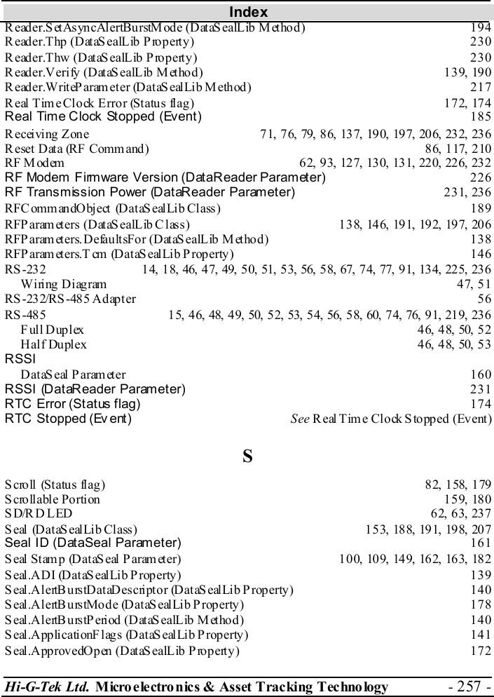 Index Hi-G-Tek Ltd. Micro electro nics &amp; Asset Tracking  Technology  - 257 -  Reader.SetAsyncAlertBurstMode (DataSealLib Method)  194 Reader.Thp (DataSealLib Property)  230 Reader.Thw (DataSealLib Property)  230 Reader.Verify (DataSealLib Method)  139, 190 Reader.WriteParameter (DataSealLib Method)  217 Real Time Clock Error (Status flag)  172, 174 Real Time Clock Stopped (Event) 185 R eceivi ng Z one  71,  7 6, 79,  8 6, 13 7, 19 0, 197, 206, 232, 236 Reset Data  (RF Command)  86, 117, 210 RF M od em  6 2,  93, 127, 130, 131, 220, 226, 232  RF Modem Firmware Version (DataReader Parameter) 226 RF Transmission Power (DataReader Parameter) 231, 236 RFCommandObject (DataSealLib Class)  189 RFP aram et ers (D ataS ealLib C las s)  1 3 8, 14 6, 19 1, 19 2, 197, 206  RFParameters.DefaultsFor (DataSealLib Method)  138 RFParameters.T cm (DataSealLib Property)  146 RS -232  14,  1 8, 46,  47, 49,  5 0, 51,  53, 56,  5 8, 67,  74, 77, 9 1, 13 4, 225, 236 Wiring Diagram  47, 51 RS-232/RS-485 Adapter  56 RS -485  15,  4 6, 48,  49, 50,  5 2, 53,  54, 56,  5 8, 60,  74, 76, 9 1, 21 9, 236 Full Duplex  46, 48, 50, 52 Half Duplex  46, 48, 50, 53 RSSI DataSeal Parameter  160 RSSI (DataReader Parameter) 231 RTC Error (Status flag) 174 RTC Stopped (Ev ent) See Real Time Clock Stopped (Event) S S cro ll  (St atu s fl ag )  8 2,  1 58,  1 79  S croll able Po rti on  15 9,  180  SD/RD LED  62, 63,  237 S eal (D at aS ealLib Cl ass)  1 53, 188, 191, 198, 207  Seal ID (DataSeal Parameter) 161 S eal St am p (D ataS eal  P aram et er)  10 0, 109, 149, 162, 163, 18 2  Seal.ADI (DataSealLib Property)  139 Seal.AlertBurstDataDescriptor (DataSealLib Property)  140 Seal.AlertBurstMode (DataSealLib Property)  178 Seal.AlertBurstPeriod (DataSealLib Method)  140 Seal.ApplicationFlags (DataSealLib Property)  141 Seal.ApprovedOpen (DataSealLib Property)  172 