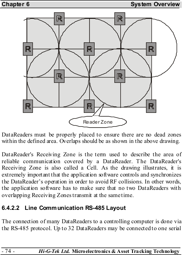 Chapter 6  System  Overview - 74 -  Hi-G-Tek Ltd. Micro elec tro nics &amp; A sset Tra cking Techno logy   DataReaders must be properly placed to ensure there are no dead zones within the defined area. Overlaps should be as shown in the above drawing. DataReader&apos;s Receiving Zone is the term used to describe the area of reliable communication covered by a DataReader. The DataReader&apos;s Receiving Zone is also called a Cell. As the drawing illustrates, it is extremely important that the application software controls and synchronizes the DataReader’s operation in order to avoid RF collisions. In other words, the application software has to make sure that no two DataReaders with overlapping Receiving Zones transmit at the same time. 6.4.2.2  Line Communication RS-485 Layout The connection of many DataReaders to a controlling computer is done via the RS-485 protocol. Up to 32 DataReaders may be connected to one serial Reader Zo ne