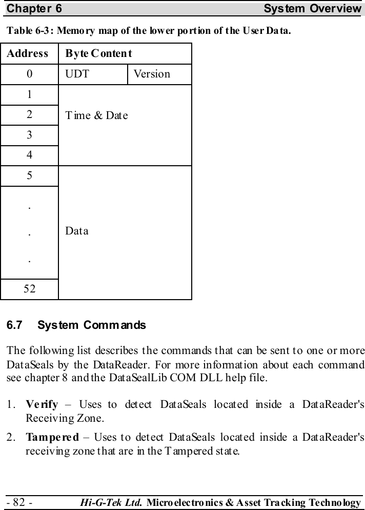 Chapter 6  System  Overview - 82 -  Hi-G-Tek Ltd. Micro elec tro nics &amp; A sset Tra cking Techno logy   Table  6-3: Memory map of the lower po rtion of the User Data. Address Byte Content 0 UDT  Version 1 2 3 4 Time &amp; Date  5 . . . 52 Data 6.7 System  Comm ands The following list  describes  t he commands t hat  can be sent  t o one or more DataSeals by the DataReader. For more information about each command see chapter  8 and the DataSealLib COM DLL help file. 1.  Verify  – Uses to detect DataSeals located inside a DataReader&apos;s Receiving Zone. 2.  Tampered – Uses to detect DataSeals located inside a DataReader&apos;s receiving zone that are in the Tampered state. 