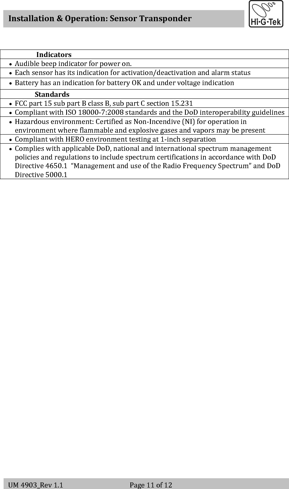   Installation&amp;Operation:SensorTransponderUM4903_Rev1.1 Page11of12Indicators• Audiblebeepindicatorforpoweron.• Eachsensorhasitsindicationforactivation/deactivationandalarmstatus• BatteryhasanindicationforbatteryOKandundervoltageindicationStandards• FCCpart15subpartBclassB,subpartCsection15.231• CompliantwithISO18000‐7:2008standardsandtheDoDinteroperabilityguidelines• Hazardousenvironment:CertifiedasNon‐Incendive(NI)foroperationinenvironmentwhereflammableandexplosivegasesandvaporsmaybepresent• CompliantwithHEROenvironmenttestingat1‐inchseparation• ComplieswithapplicableDoD,nationalandinternationalspectrummanagementpoliciesandregulationstoincludespectrumcertificationsinaccordancewithDoDDirective4650.1“ManagementanduseoftheRadioFrequencySpectrum”andDoDDirective5000.1                  